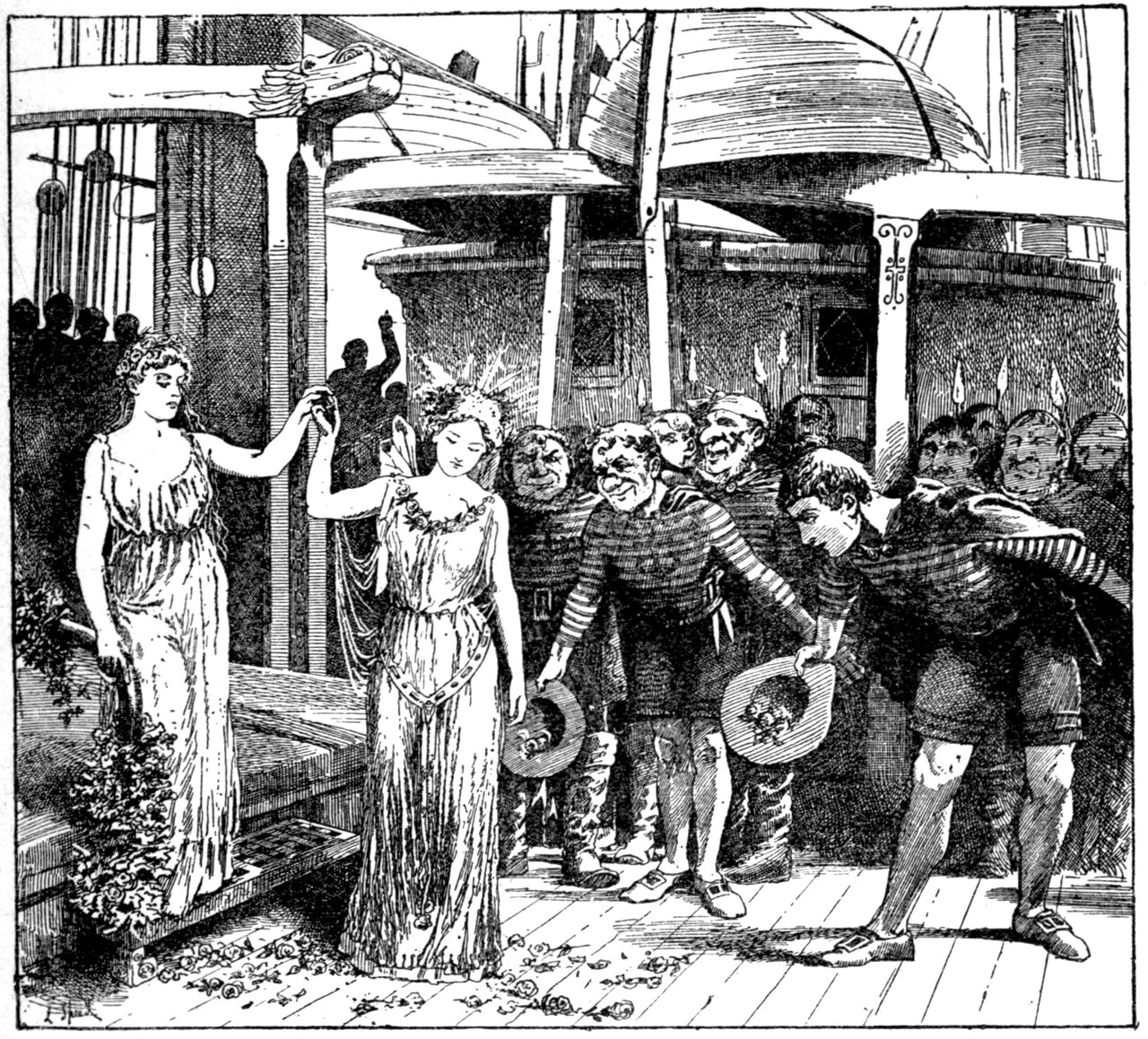Two young women in long classical gowns stand hand in hand on the deck of a ship strewn with loose roses, the left one on a low wooden step, the right one wearing a flowered head-dress and a garland of roses across her shoulder, while a crowd of broadly grinning sailors in striped jerseys and knee breeches watches from the right, several with their wide hats in their hands and one hat full of flowers, pike heads showing above the heads behind