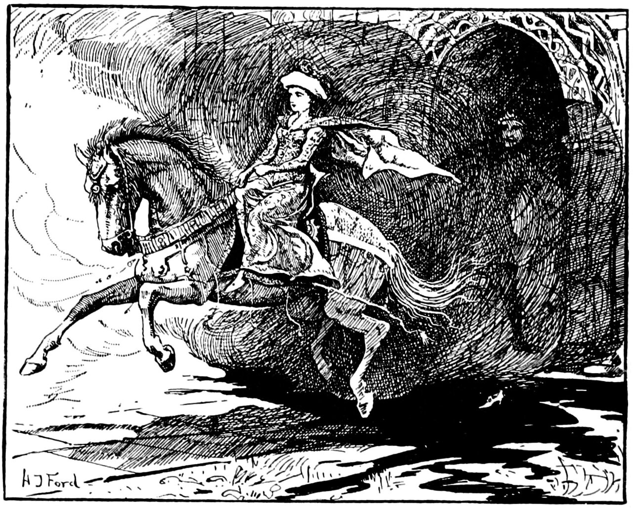 The King's daughter, in an embroidered gown and a soft cap, rides a galloping horse in an ornamented bridle out from under a carved round arch into the open light at the left, a long scarf streaming behind her and one bare leg and foot showing below her skirts, while the whole right of the picture is filled by a great dark mass within the arch in which an eye and the curve of a face can be made out, and a black shadow lies across the ground behind