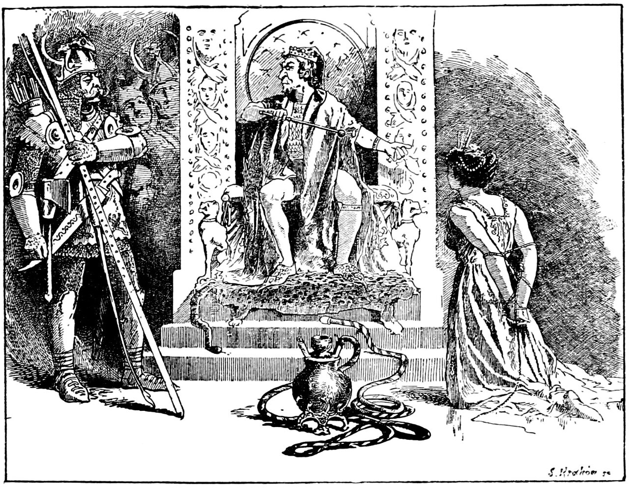 A crowned and bearded King leans forward from a throne on a dais spread with a spotted animal skin, holding a sceptre and pointing at a richly dressed young woman who stands before him with her head bowed and her wrists tied behind her back, while a helmeted guard with a quiver of arrows rests both hands on two long shafts at the left and a big-bellied pot with a stick standing in its mouth sits among coils of rope on the floor between them