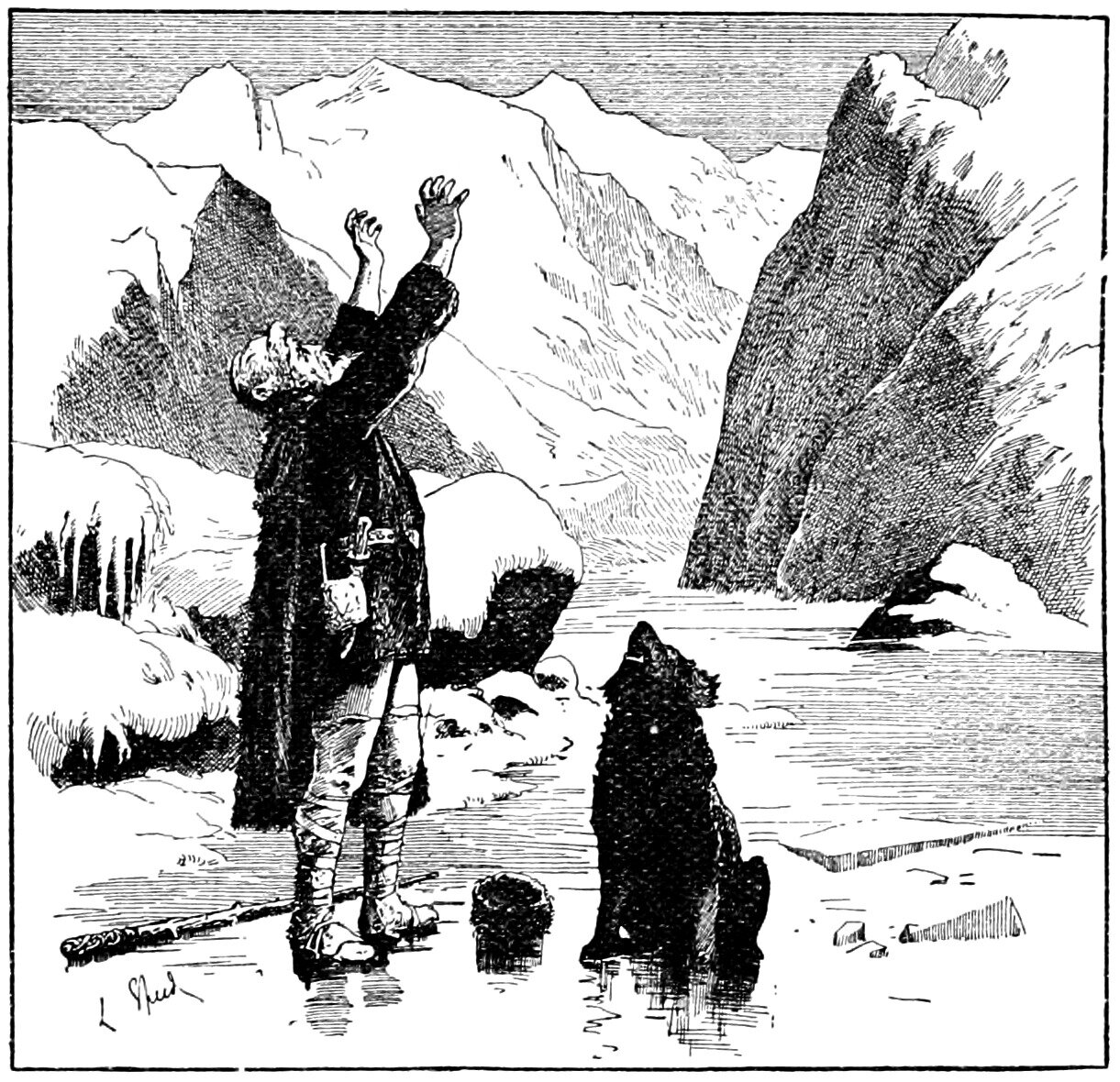 Jack's father, a grey-haired man in a long dark coat and cross-gartered boots, stands alone on a frozen lake among snowy peaks with his head thrown back and both arms flung up towards an empty sky, a shaggy dark dog sitting beside him with its muzzle raised, and his staff and a dark bundle lying on the ice at his feet