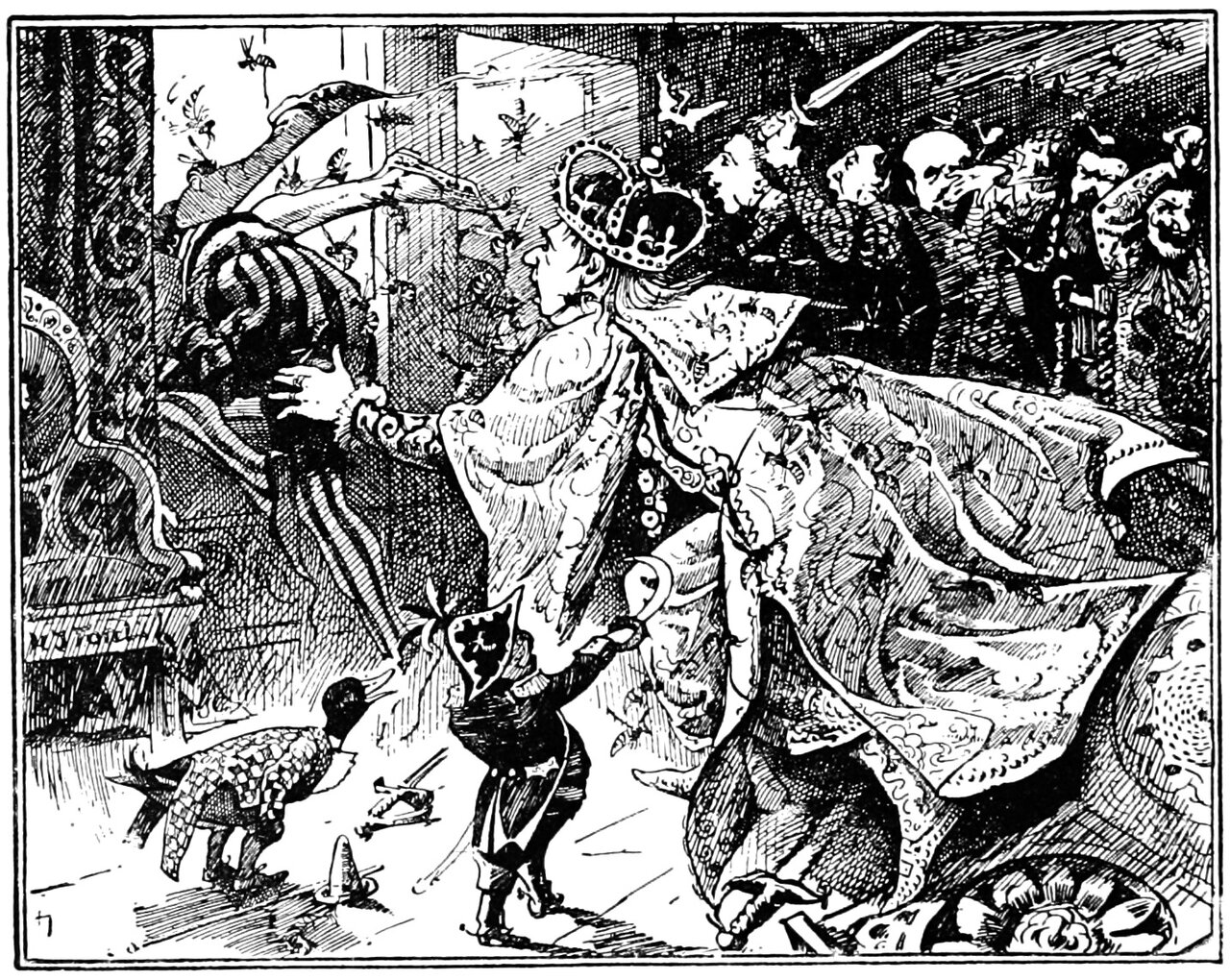 Wasps swarm through an ornate hall as the crowned King, seen in profile with his mouth open and a wasp on his jaw, reels to the left with both arms flung out over a dark robed figure bowed down before him, his great pale mantle streaming behind him, his ministers crowded at the right with a sword still raised among them, a small figure in a dark coat and breeches bent forward in the foreground, and Drakestail the duck standing on the floor at the lower left with his bill open