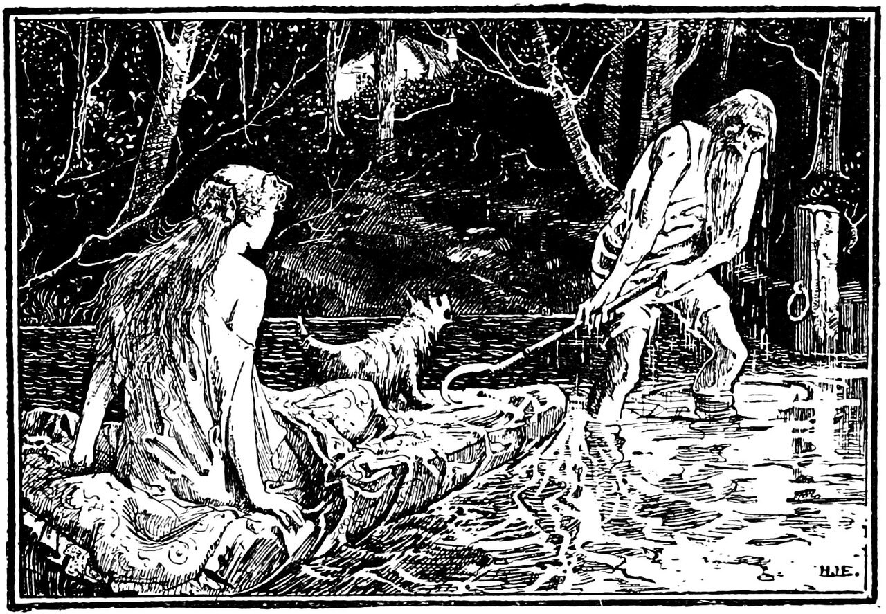 An old man with long white hair and a long beard, bare-armed and bare-legged in shallow water, leans back and hauls on a long pole whose far end catches under the bedding, drawing the floating bed toward the shore, with Rosette sitting upright on it in a loose shift, her hair down her back and her head turned toward him, and Frisk standing on the bedding between them; a post with a ring on it stands in the water at the right, and a dark wood of bare trees rises behind