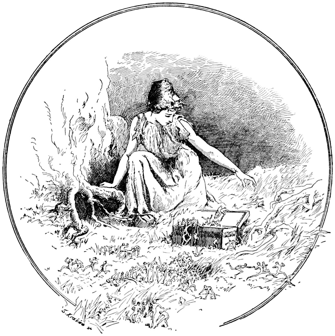 In a circular frame, Graciosa sits barefoot on the grass at the foot of a gnarled tree, her head bowed and one arm stretched out over the meadow, with the open box lying beside her, its lid thrown back, and swarms of tiny men and women climbing out of it and running and dancing through the grass all around