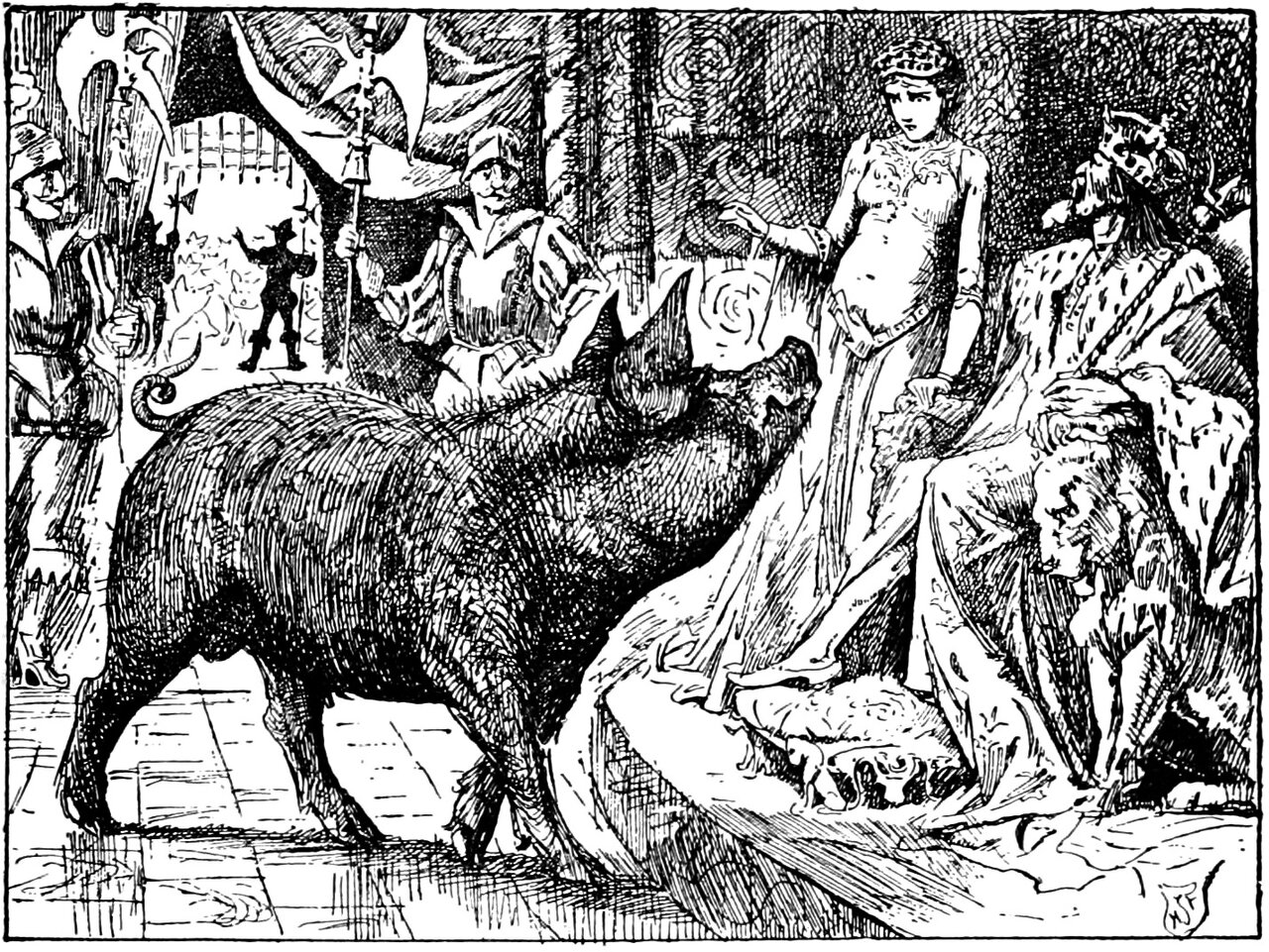 An enormous bristling pig stands on the flagged floor of a palace hall with its snout lifted and its mouth open toward a crowned, bearded King who sits in an ermine robe on his throne, a young woman in a jewelled coronet standing between them with one hand flung out above the pig's head, two guards in brimmed helmets holding long shafted weapons behind, and beyond them an arched opening through which a small black silhouetted figure is seen among a crowd of pigs