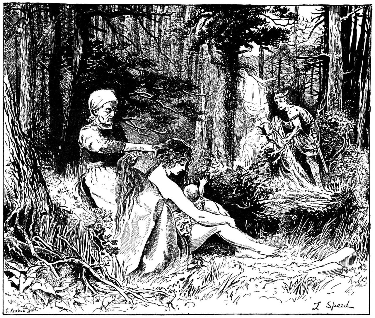 In a wood of tall pines the widow woman, in a white head cloth and apron over a dark bodice, leans over the good man's daughter, who sits on the ground in a loose pale gown with her legs stretched out and a naked infant lying against her, and gathers a long hank of her hair in one hand with the other at her head, a flat ornamented comb lying in the grass at the left, while at the right a young man in a short belted tunic, patterned leggings and a small winged cap, the King's son, stoops over a pale shaggy heap on the ground and pushes at it with a long stick as a broad plume of smoke rises behind him through the trees