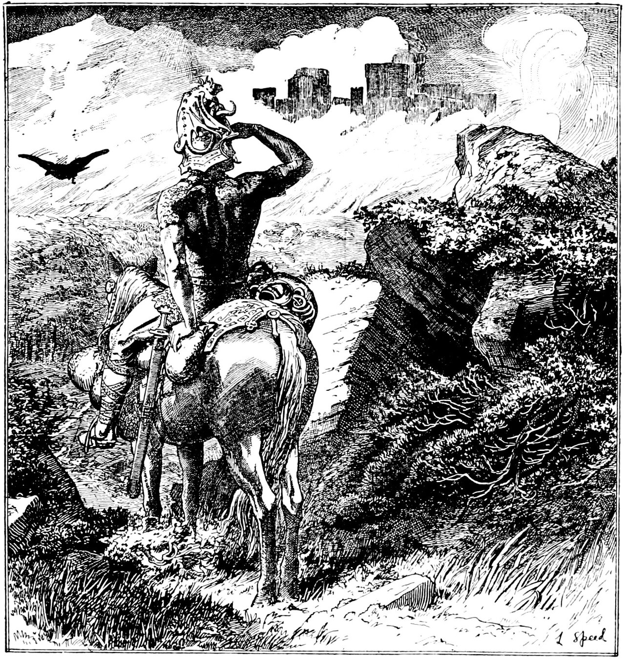 Seen from behind, a warrior in a crested helmet and mail stands at his horse's shoulder on a heathery hillside, shading his eyes with a raised hand as he looks across a valley to a walled castle on a far height, with a dark bird flying at the left and a tall plume of cloud rising beyond the castle