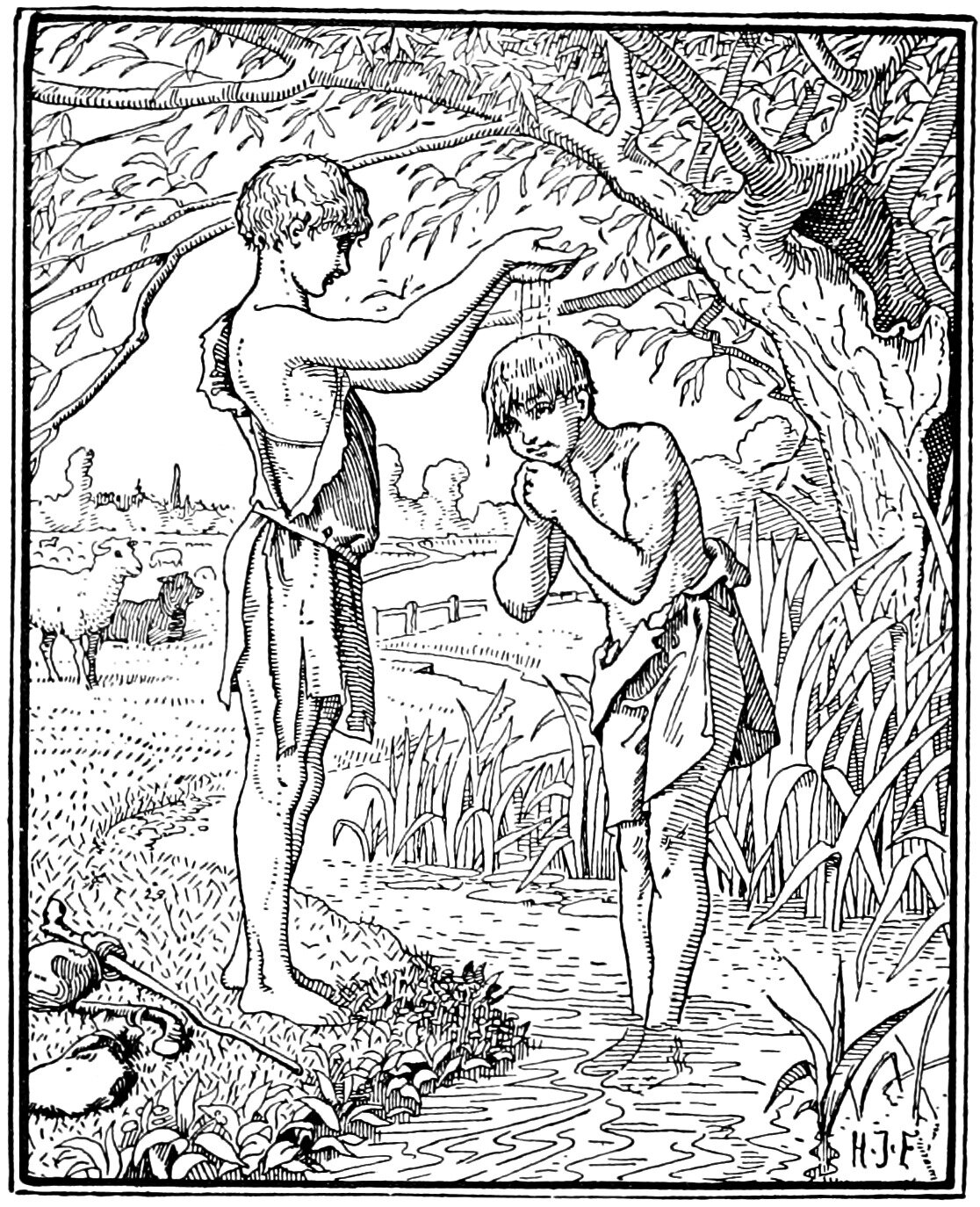 Two ragged barefoot boys at a brook in a meadow, the taller standing on the bank and letting water fall from his cupped hand onto the bowed head of the other, who stands ankle-deep in the stream with his hands clasped at his chest, a stick and a knotted bundle lying on the grass at the lower left, a sheep and a lamb in the field beyond and a church spire on the far horizon