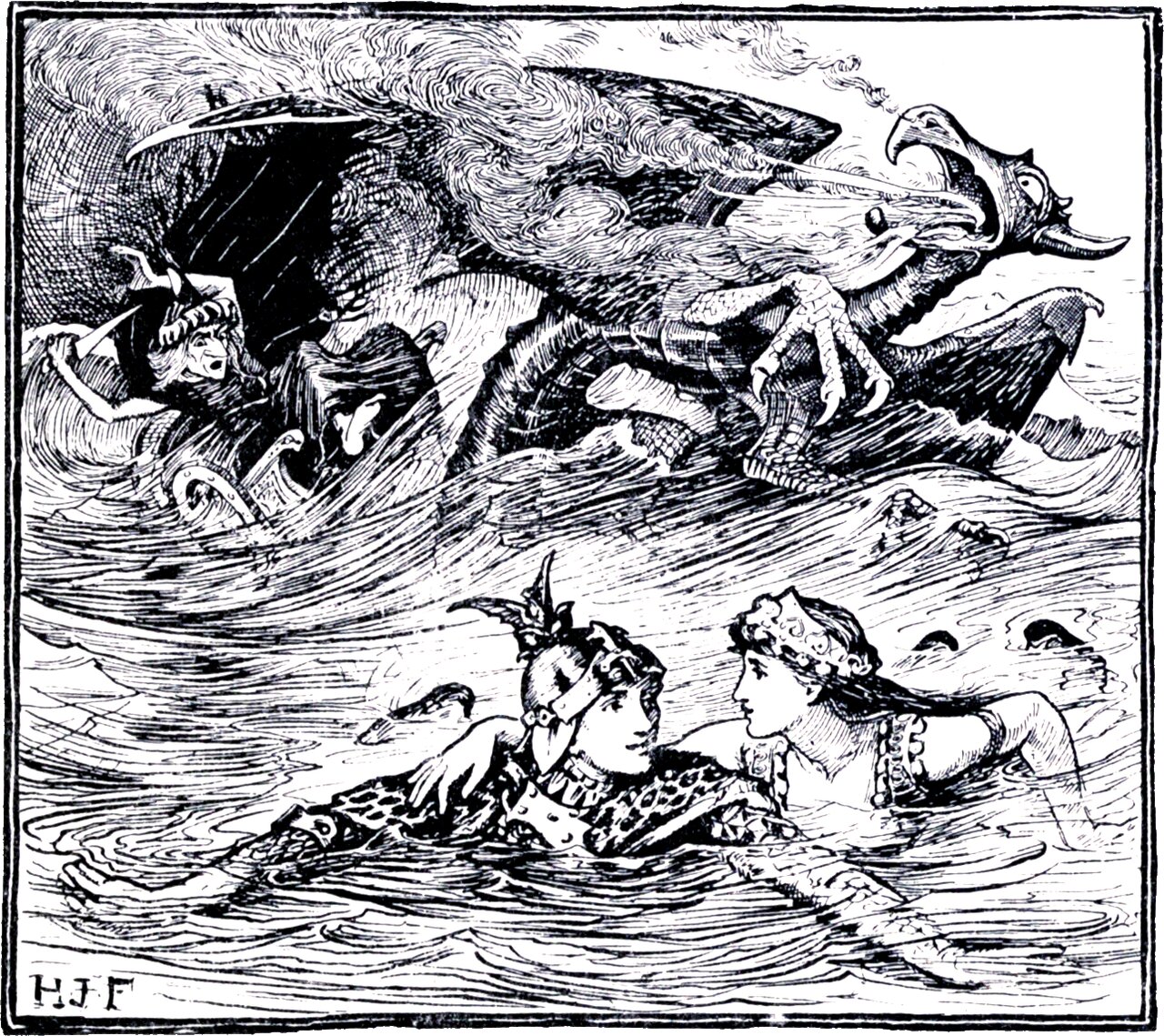 A winged, clawed sea-creature with a long hooked beak flies low over heavy waves at the upper right; behind it in the trough a small boat with two figures is going down. In the foreground two swimmers in circlets and jewelled collars are shoulder deep in the water, looking at one another.