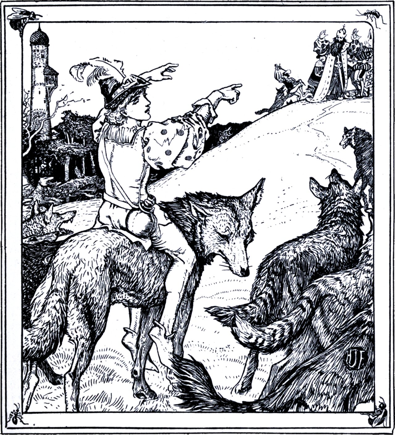 A young man in a plumed cap and spotted sleeves sits astride a wolf, one arm flung out pointing; three more wolves gather at the right, one throwing back its head. On the ridge behind, a crowned king and his attendants stand watching, and a round tower rises among trees at the left. Bees and ants sit in the corners of the frame.