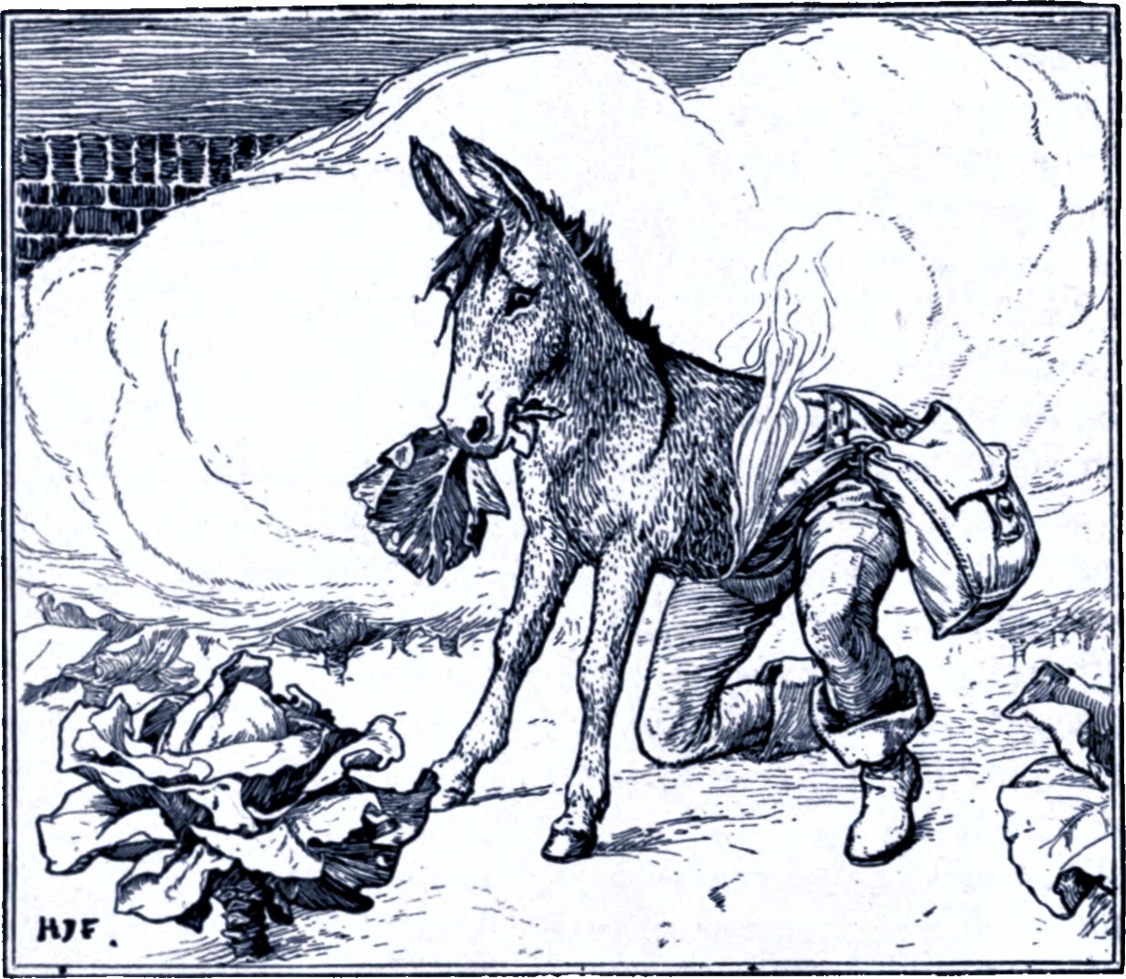 A donkey stands in an open field with a cabbage leaf in its mouth, one foreleg on a torn cabbage at the lower left. Behind and partly hidden by the animal a man in boots kneels on the ground with a pack on his back, his head out of sight behind the donkey's body. A brick wall and banked cloud fill the background.