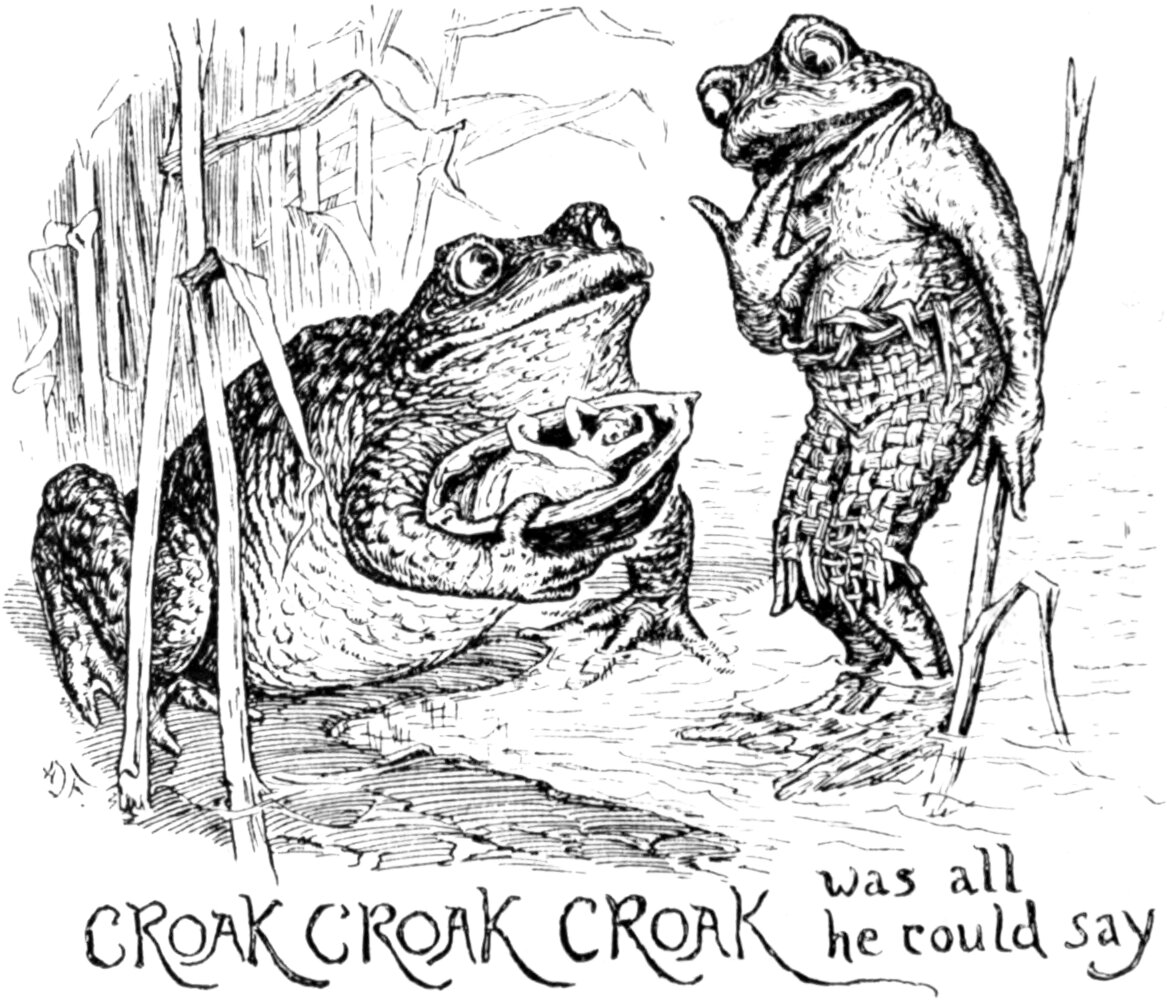 Two large toads among reeds at the water's edge. The nearer one squats with its mouth wide open, a tiny human figure lying in a curled leaf held against its chest. The second stands upright on its hind legs in a woven mat garment, one webbed hand raised, leaning towards it. The lettering below reads CROAK CROAK CROAK was all he could say.