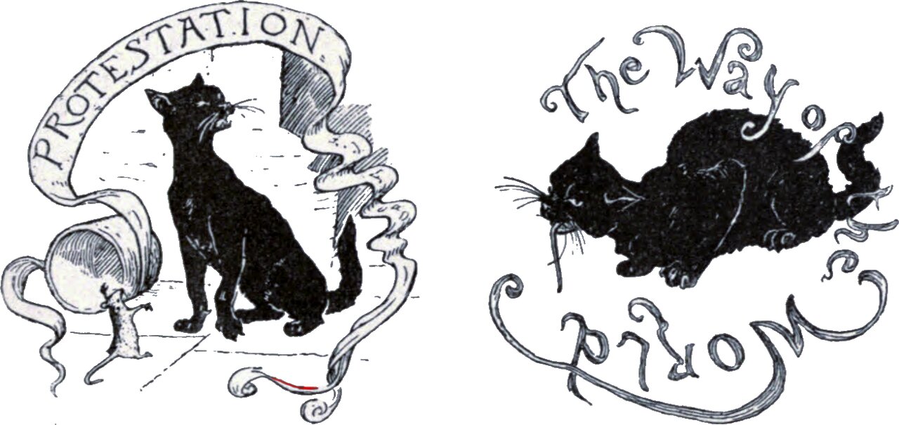 Two vignettes side by side. At left a black cat sits upright on a tiled floor beside an overturned barrel, a small white mouse standing at its foot, with a curling scroll overhead lettered PROTESTATION. At right a black cat lies curled and glowering, ringed by hand-drawn lettering reading The Way of the World.