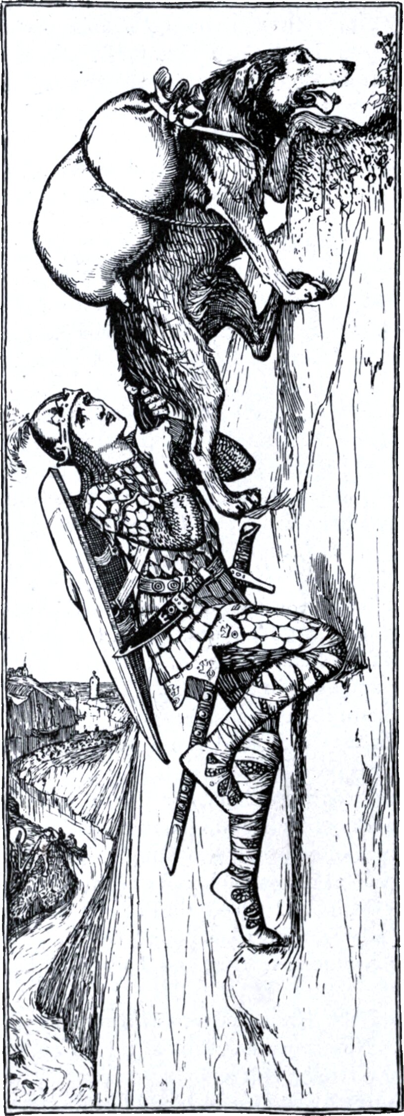 A tall narrow panel. A young man in a helmet, scale armour and cross-gartered legs braces himself on a bare cliff face, holding a long shield and looking up. Above him a large rough-coated dog with a bundle strapped to its back scrambles up the rock, front paws over the lip. A river valley and a town lie far below at the left.