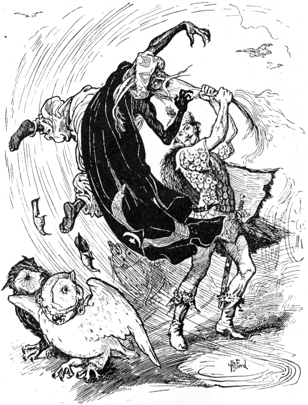 A young man in scale armour and a fur cloak has hold of a long white beard with both hands and is swinging its owner off the ground: a thin horned figure in a starred black cloak, arms and legs flung out, one boot flying free. A large owl stands watching at the lower left and birds wheel in the distance.