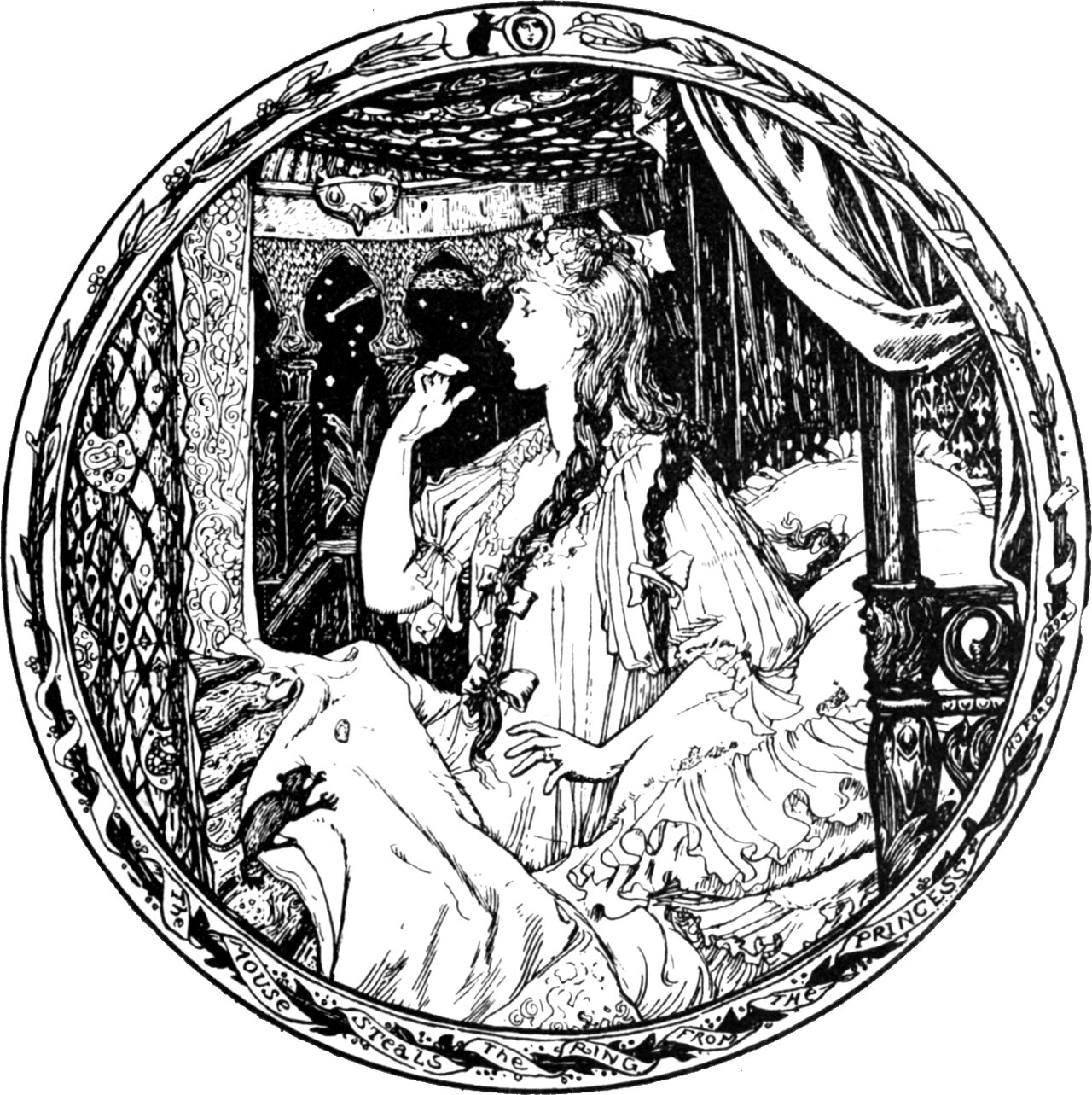 A circular vignette. A young woman with long braided hair sits up in a curtained four-poster bed, one hand raised to her mouth, looking away to the left. On the coverlet in the foreground a small mouse runs across the folds. The border is lettered The mouse steals the ring from the Princess.