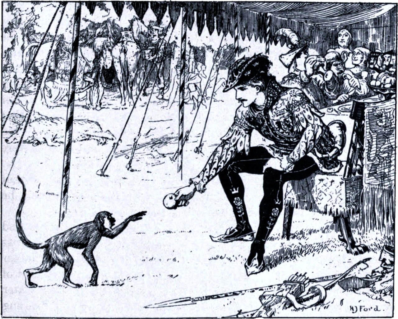 A tournament ground. A courtier in a plumed cap and patterned doublet leans from a stand holding out a small ball; a long-tailed monkey stands on the grass reaching up for it with one hand. Grounded lances lean in rows behind, spectators crowd the gallery at the right, and a sword and buckler lie in the foreground.