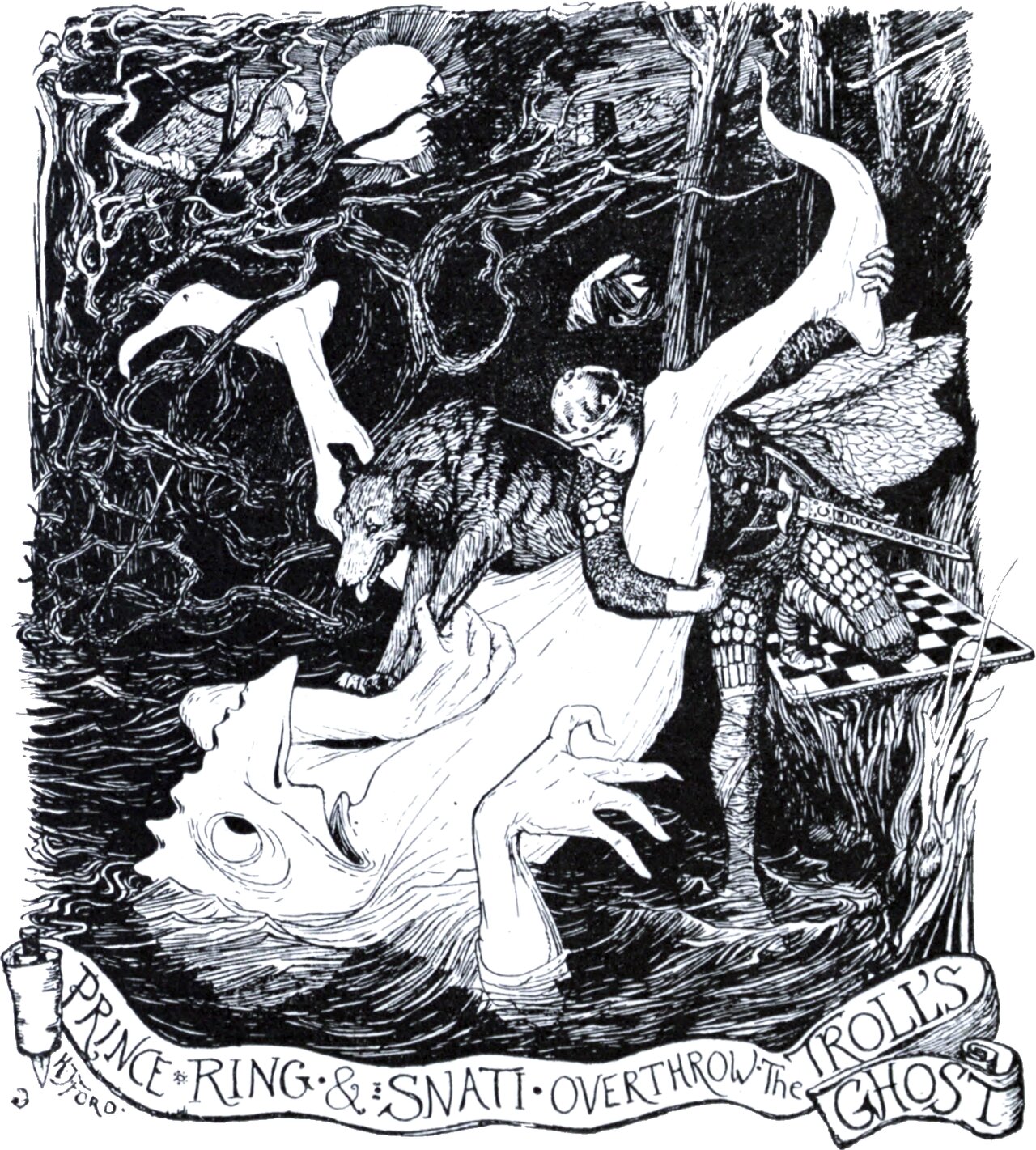By moonlight in a tangle of bare branches, a rough-coated dog and a young man in a coronet and scale armour together throw down a large pale figure, gripping its arm and leg as it falls open-mouthed on its back. A chequered board and scattered pieces lie on the ground at the right. The scroll below reads PRINCE RING AND SNATI OVERTHROW THE TROLL'S GHOST.