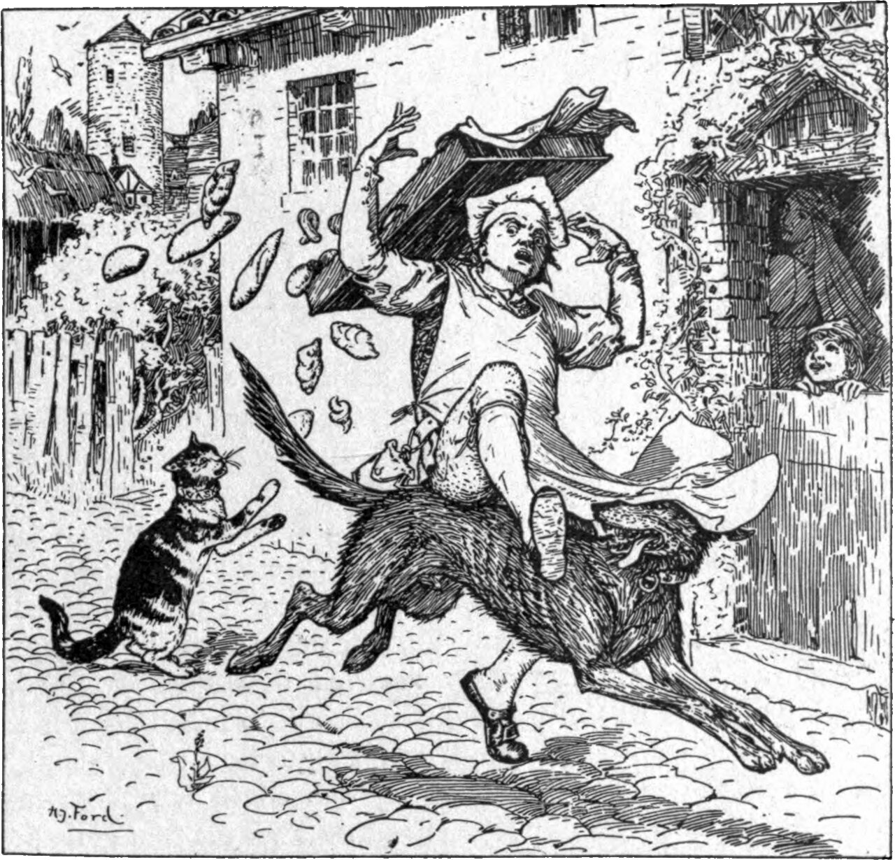 A cobbled village street. A baker in an apron and cap is carried off on the back of a large dog, his tray upended and loaves and rolls flying through the air. A tabby cat sits up on its hind legs at the left reaching for one. A woman and a child look out from a doorway at the right.