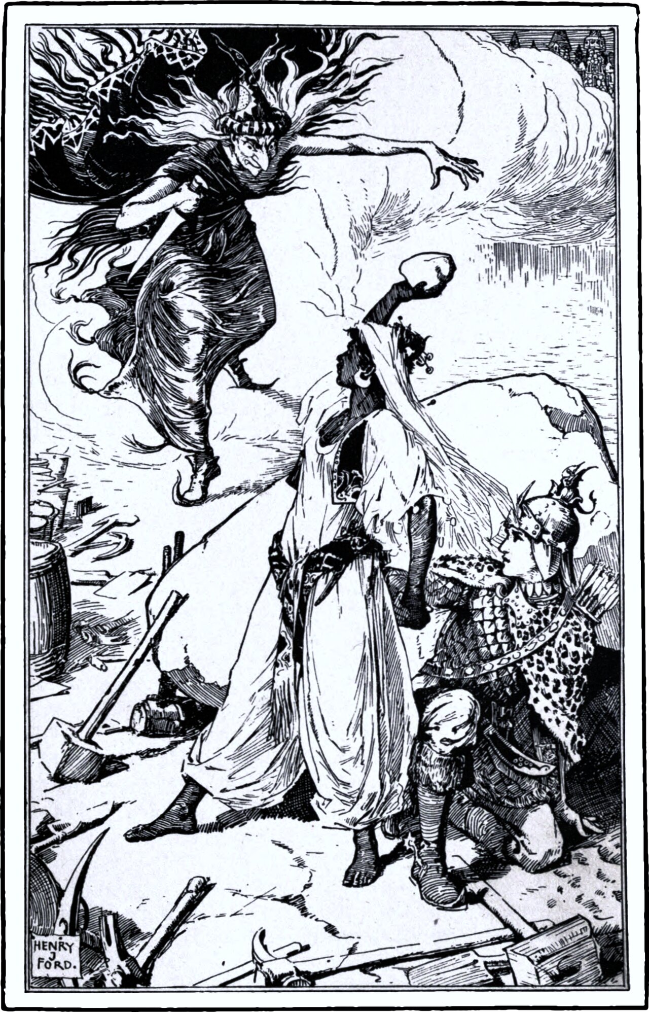 A figure in a crowned headdress and dark streaming robes strides in from the upper left with one arm outstretched, flame and smoke behind her. Facing her a young woman in a long white veil and gown raises a stone in her fist. Behind them at the right a man in a horned helmet and scale armour kneels with a bow, a small bearded figure beside him. Tools and casks lie scattered in the foreground.