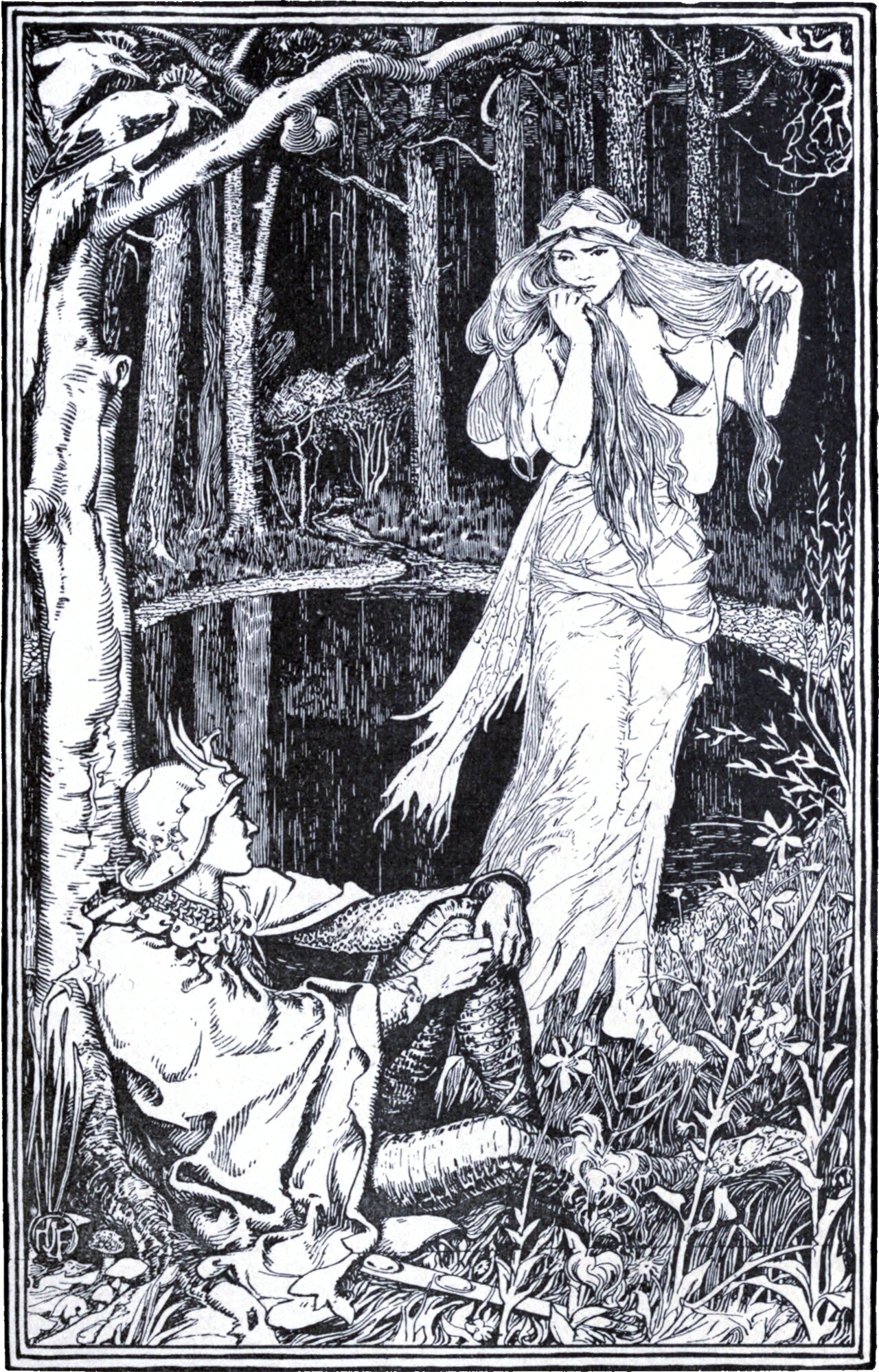 A woman in a long pale gown and a circlet stands at the edge of a dark forest pool, wringing out her loose waist-length hair with both hands. In the foreground a young man in a plumed cap, jerkin and buckled shoes reclines against a birch trunk, watching her. A bird perches on a bough at upper left and flowering plants crowd the lower right.