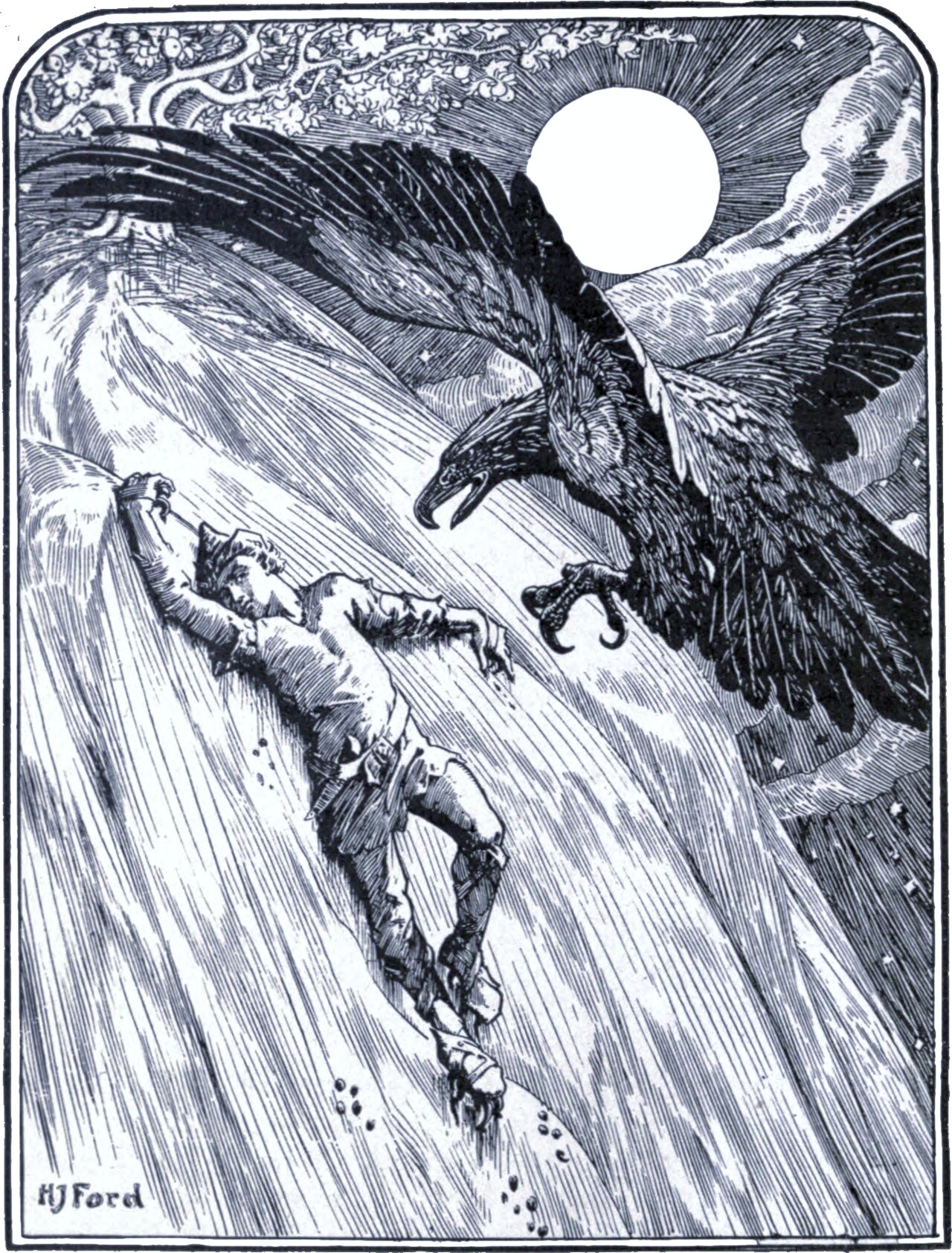 A man in a jerkin and boots clings to a smooth, steeply raked slope, one hand hooked over the edge above him and a knife strapped to his foot. A huge eagle stoops at him from the right with talons open and beak wide. A full moon stands behind the bird and a flowering branch crosses the top of the frame.