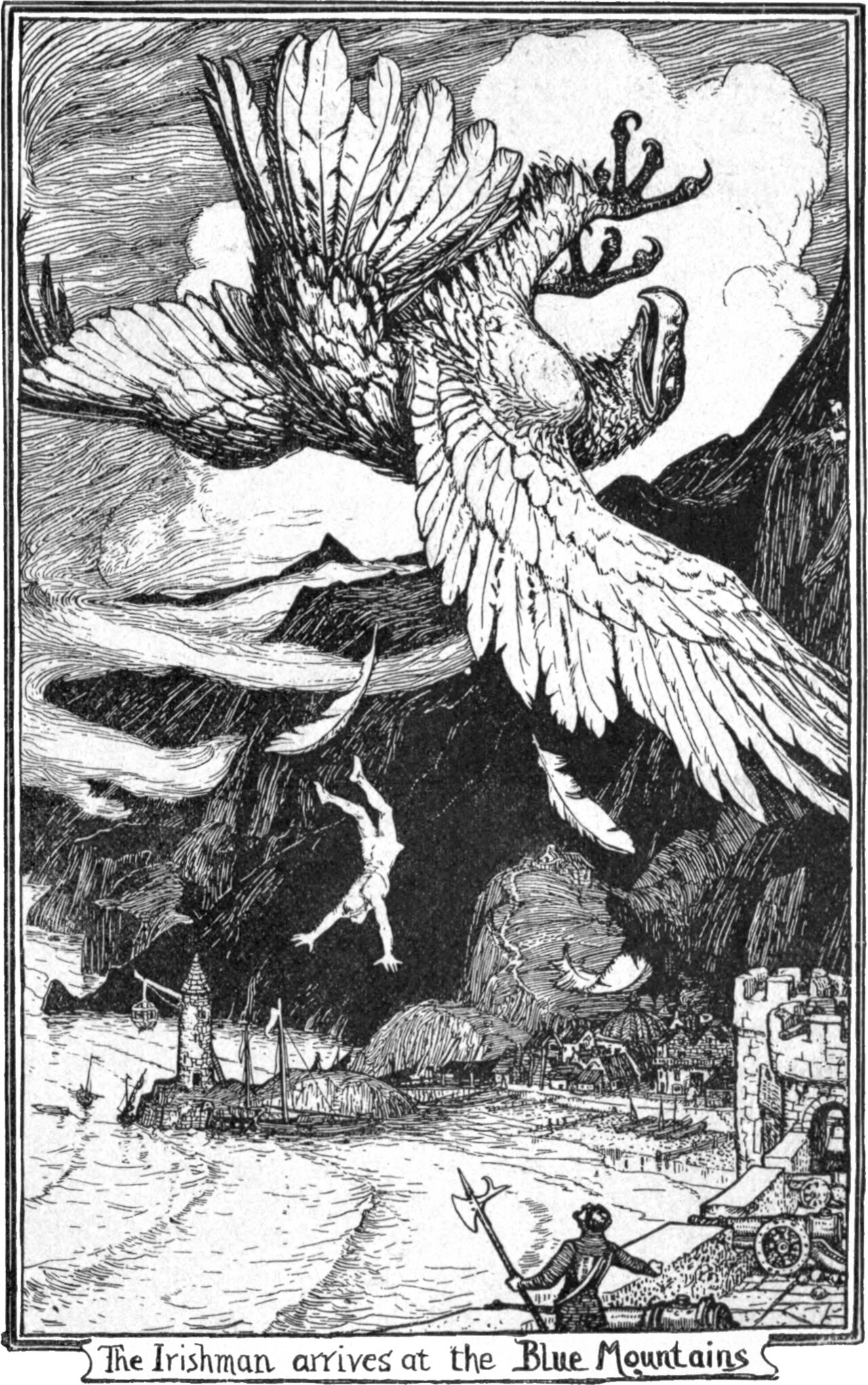 An enormous crowned bird with a hooked beak and vast outspread wings flies in over a rocky coast, shedding feathers. Below it a man falls head down through the air with his arms flung out. A harbour with sailing ships, a lighthouse and a walled town lie along the shore, and a halberdier stands on the battlement at the lower right. The panel below reads The Irishman arrives at the Blue Mountains.