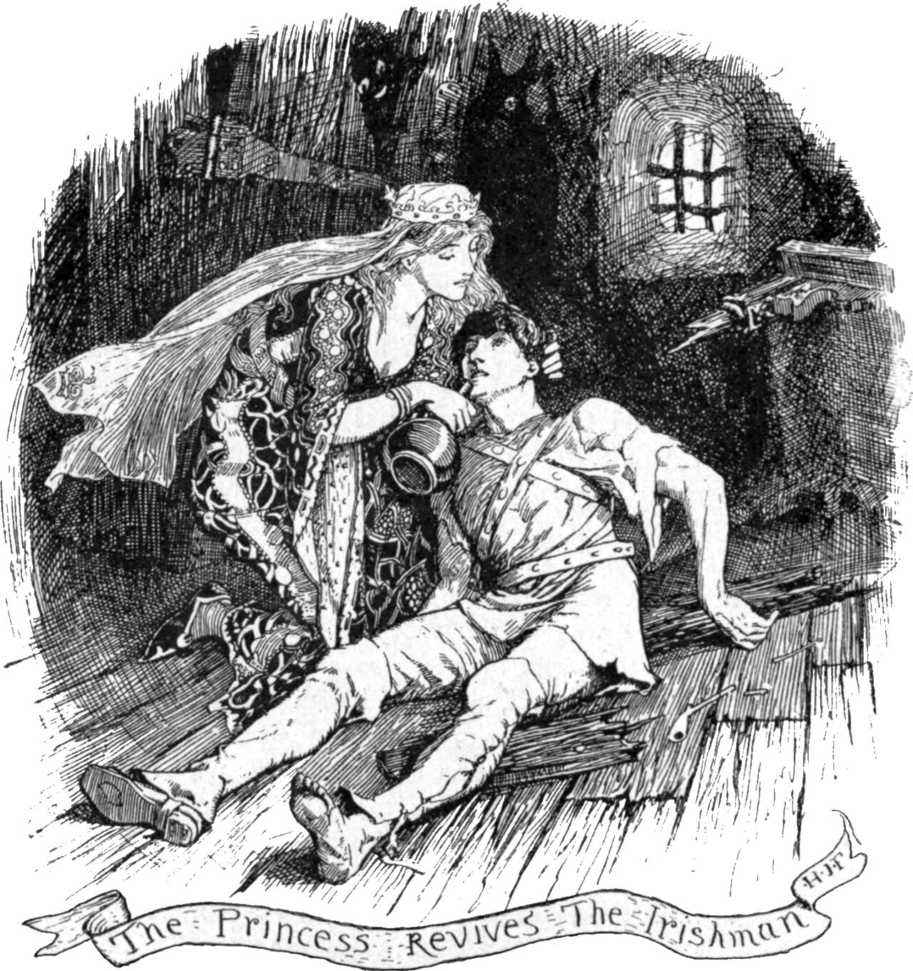 A dark cell with a small barred window. A woman in a crown, veil and patterned gown kneels on the boards holding a small jug to the lips of a young man in a torn tunic and cross-strapped belts, who lies propped against her with one arm hanging. Chains and a bracket hang on the wall at the right. The scroll below reads The Princess Revives The Irishman.