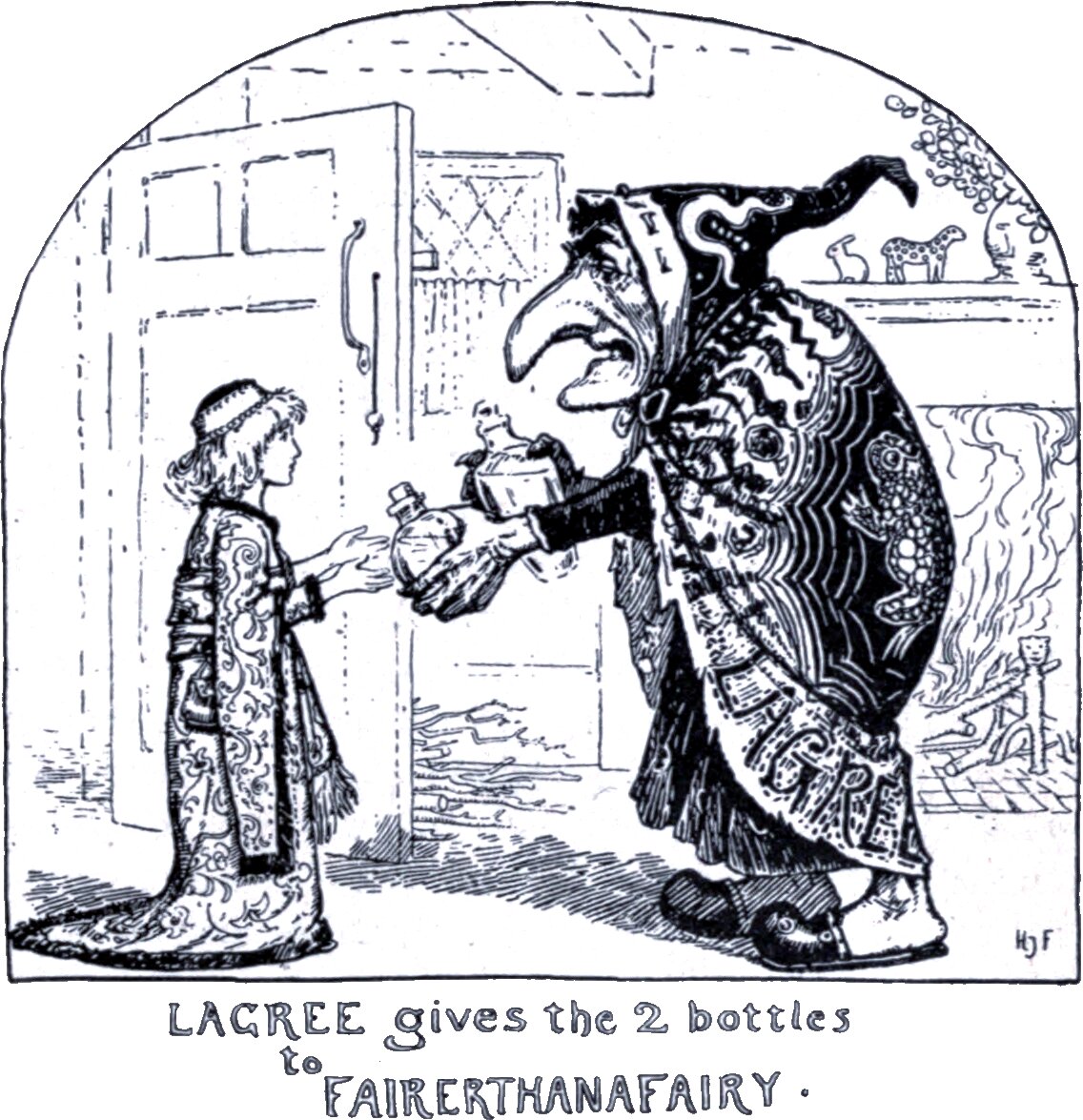 An arched interior. A tall stooped figure with a long hooked nose, in a patterned robe and a soft peaked cap, holds out two stoppered bottles to a young person in a long embroidered gown who reaches for them with both hands. A door stands open behind, shelves of toys line the wall at the right, and a fire burns in the grate. The line below reads LAGREE gives the 2 bottles to FAIRERTHANAFAIRY.