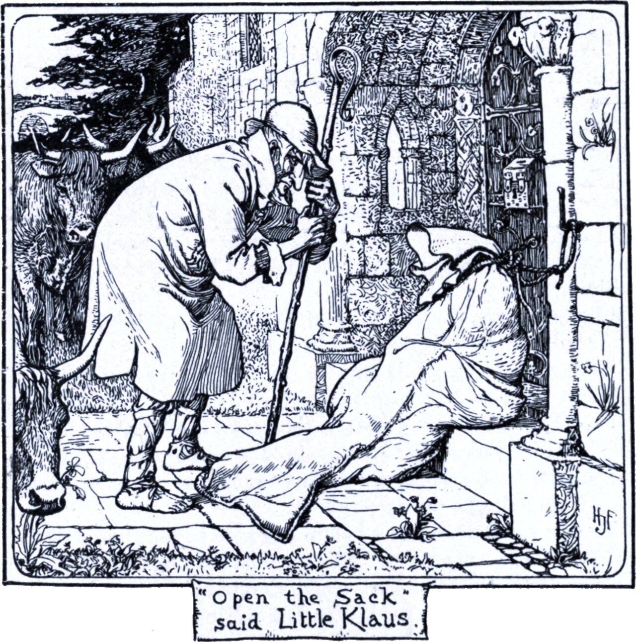 A stone doorway. An old man in a long coat and cap stoops over a staff, peering down at a large sack lying on the flagstones with a bundle propped beside it. Cattle stand in the field at the left, and a barred and studded door with an iron ring stands open behind. The panel below reads Open the Sack said Little Klaus.