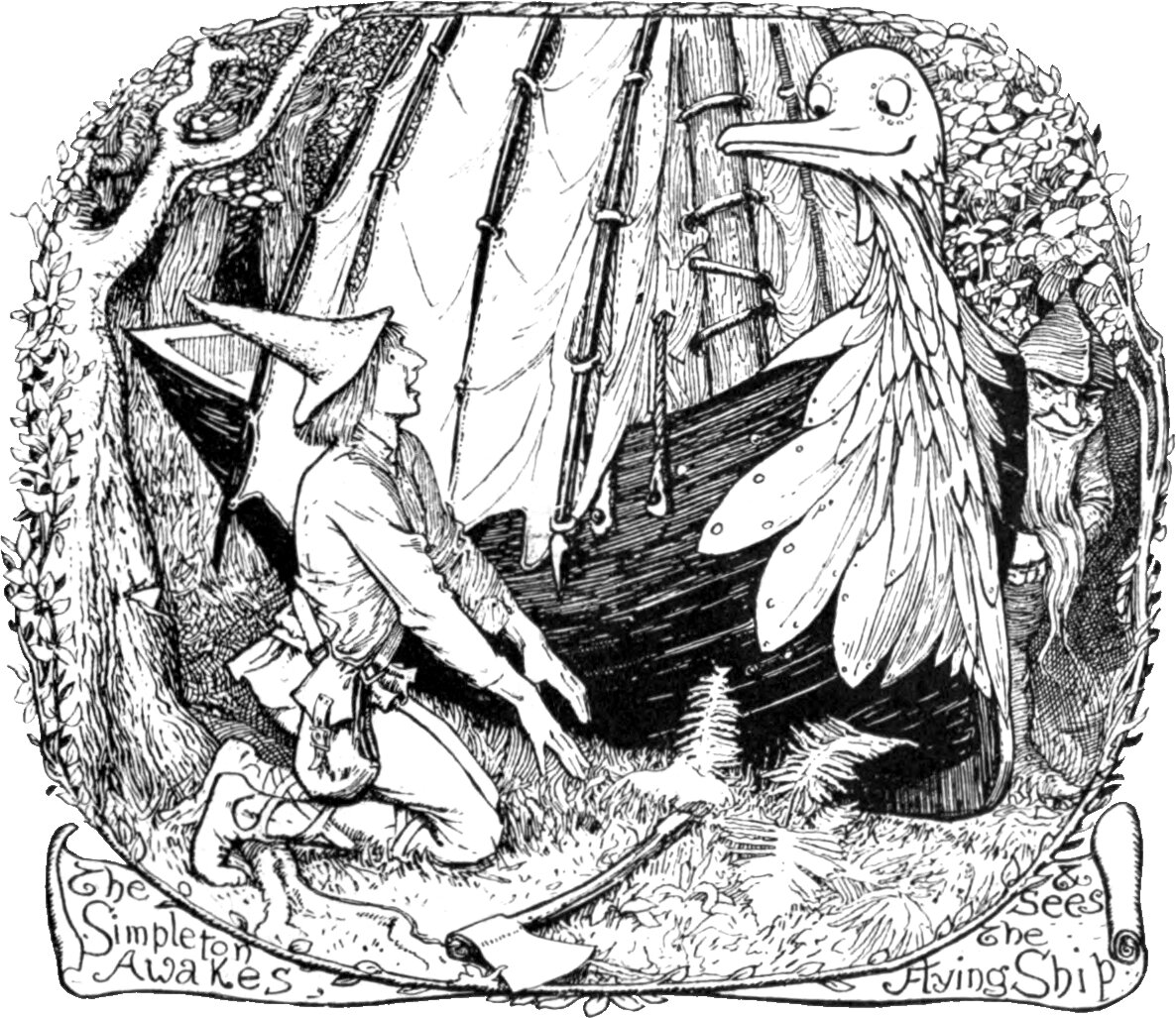 A man in a tall pointed cap kneels on the grass at the left, one hand on the ground, staring up at a wooden ship that stands among the trees with its sails set and a huge long-necked bird for a figurehead. A small bearded man in a cap looks out from the foliage at the right. The border is lettered The Simpleton Awakes and Sees the Flying Ship.