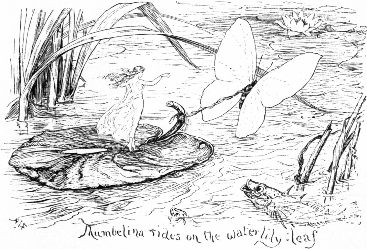 A tiny young woman in a long shift stands on a floating water-lily leaf with one arm stretched out. A large butterfly is harnessed to the leaf by a thread held by a small grub. Reeds stand at the left, a lily flower and pads float behind, and a fish breaks the surface at the lower right. The line below reads Thumbelina rides on the water lily leaf.