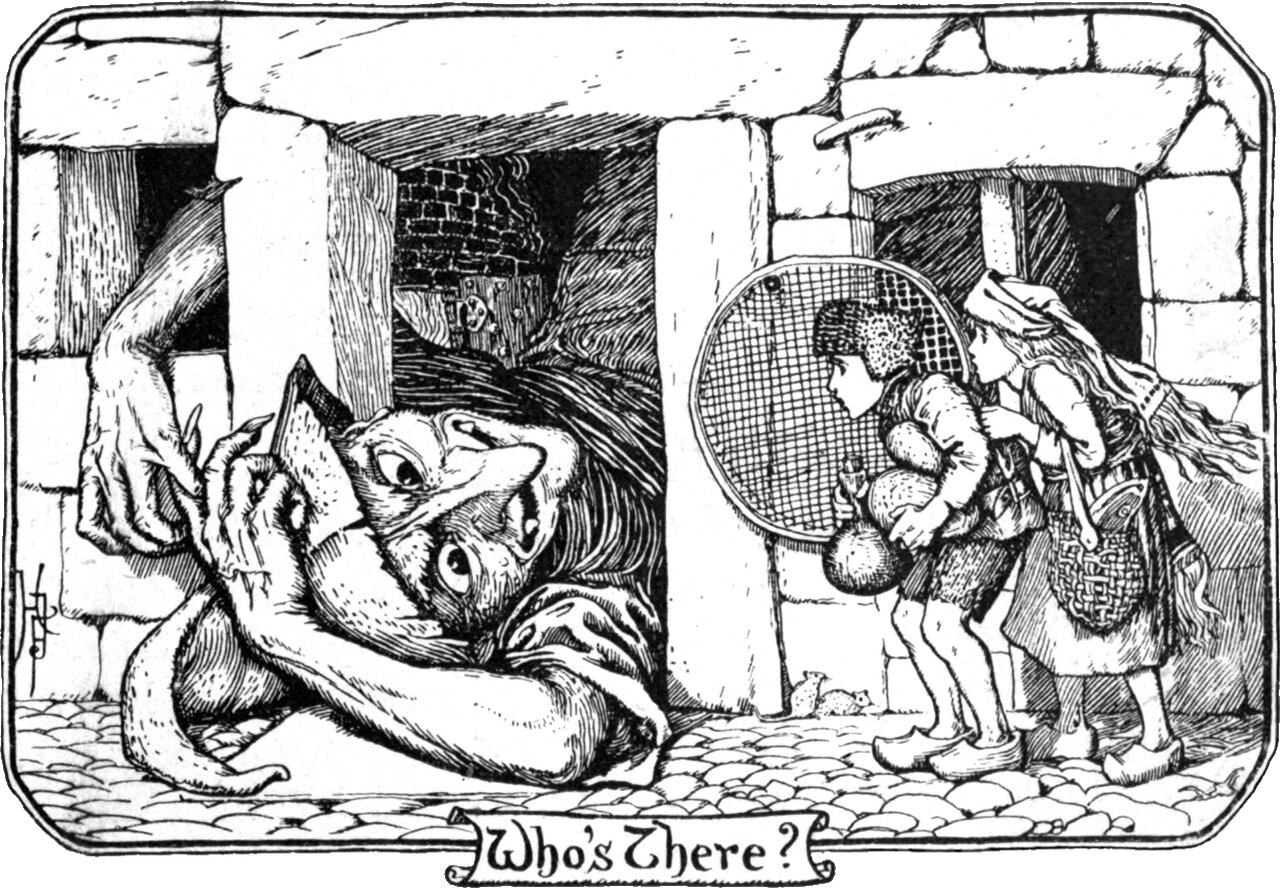 A cottage doorway in a rough stone wall. At the left a long-nosed hag with straggling hair crouches on all fours on the cobbles, turning her head to look out. At the right two children stand close together, one holding a round sieve up in front of the other and both carrying bundles. A mouse sits on the stones between them. The panel below reads Who's There?