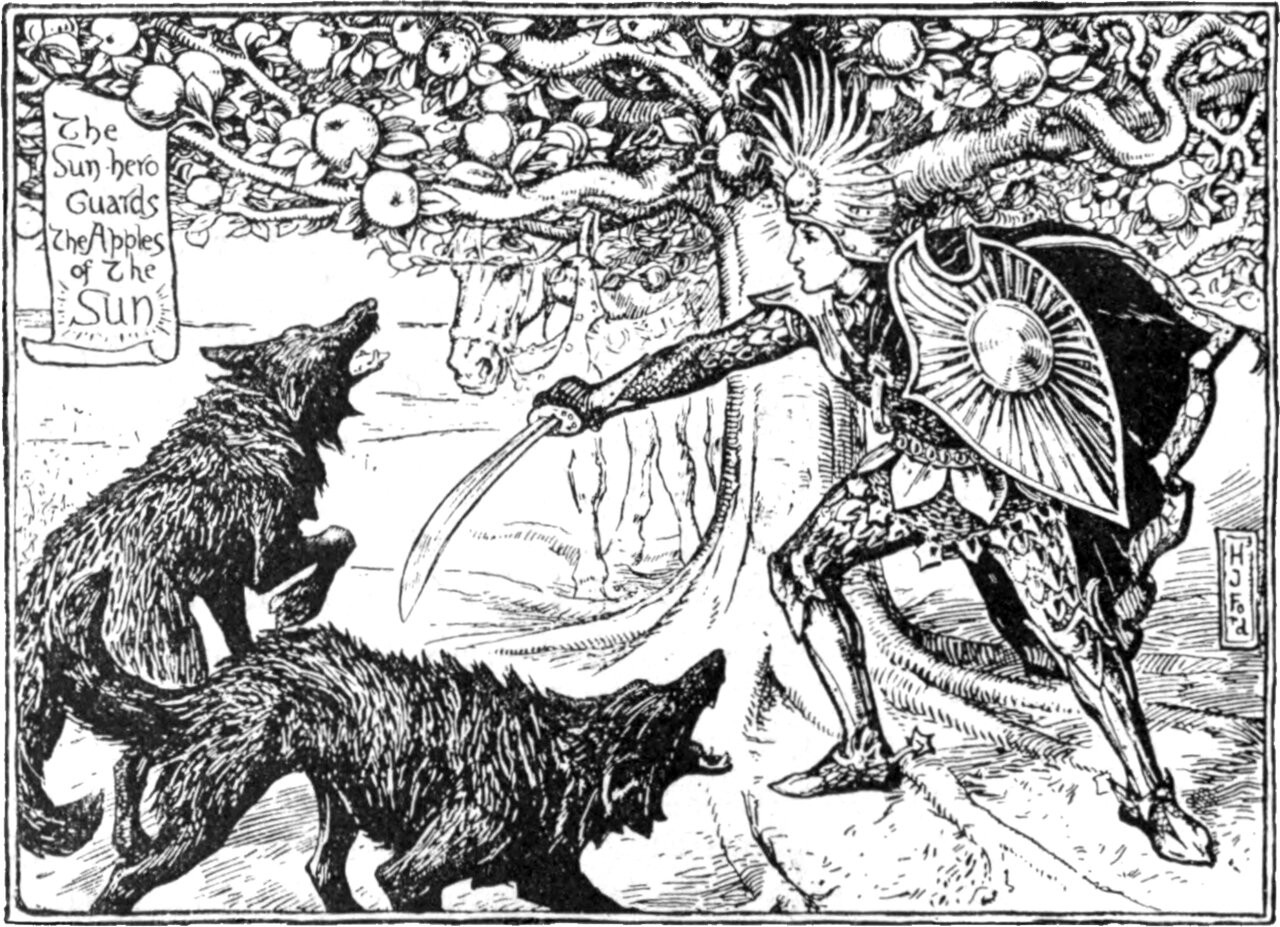 Under a low apple tree in fruit, a figure in a rayed crest and scale armour stands at the right holding a curved sabre out at arm's length and a round shield blazoned with a sun. Two shaggy wolves crouch and snarl at the left, and a pale horse stands under the branches behind. A scroll at the upper left reads The Sun-hero Guards The Apples of the Sun.