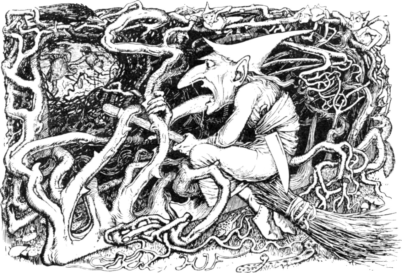 A long-nosed figure in a tall peaked hat rides a besom broom through a dense tangle of pale writhing roots and briars, gripping a stick in one hand. Small horned creatures peer out of the tangle at the top corners, and the whole frame is filled with the knotted growth.