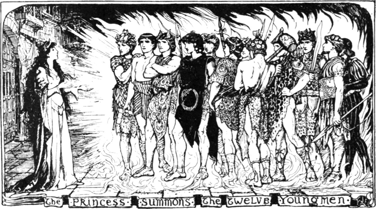 A wide, low panel. At the left a woman in a long pale gown stands in a doorway with one hand raised. Facing her, twelve young men in helmets, scale armour and patterned kilts stand shoulder to shoulder in a line, several holding spears and swords, with flame rising around their feet and behind them. The panel below reads The Princess summons the twelve young men.