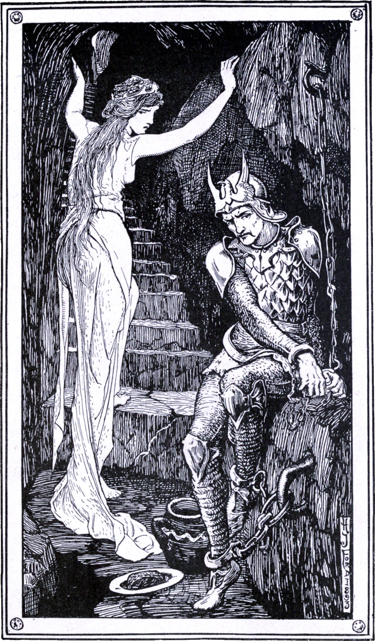 A rock chamber. A woman in a long pale gown stands at left with one arm raised against the wall, looking down. At right a man in a horned helmet and scale armour sits on a stone with his wrist and ankle in chains, head bowed. Rough steps climb into the dark behind them, and a jug and a plate of food stand on the floor between the two figures.