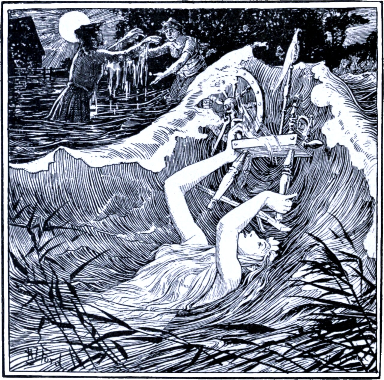 A great wave curls across the picture, carrying a spinning wheel and a distaff up on its crest. A woman with streaming hair is swept along in the water below, both arms raised towards the wheel. On the far bank in the moonlight a second woman reaches out with dripping hands while a man behind her stretches out an arm.