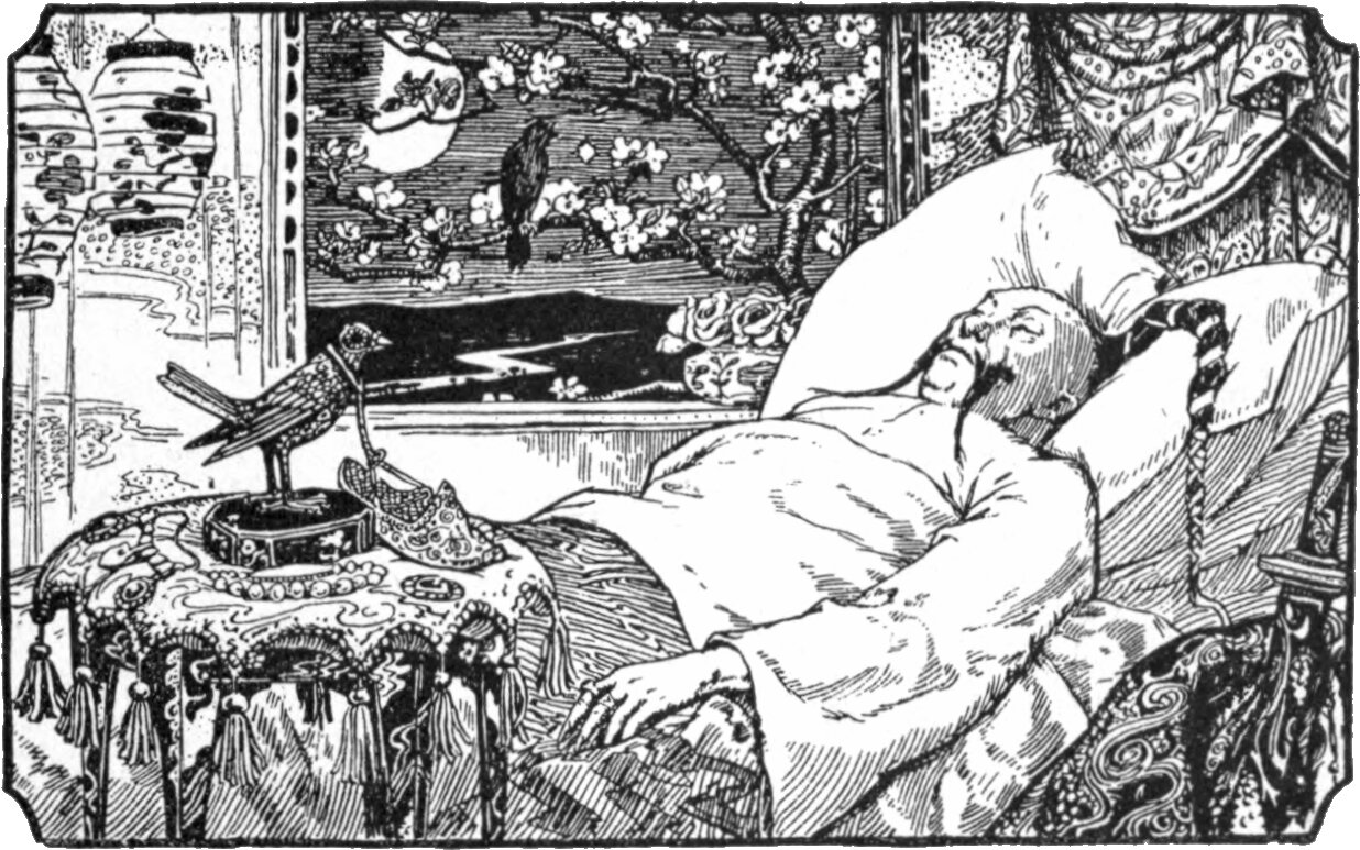 A bedchamber. A thin bearded man lies back on heavy pillows with his eyes closed, one arm along the coverlet, a masked figure looming over the bedhead at the upper right. On a tasselled table at the left a jewelled mechanical bird stands on a casket. Through the open window behind, a live bird sits on a blossoming bough under a full moon.