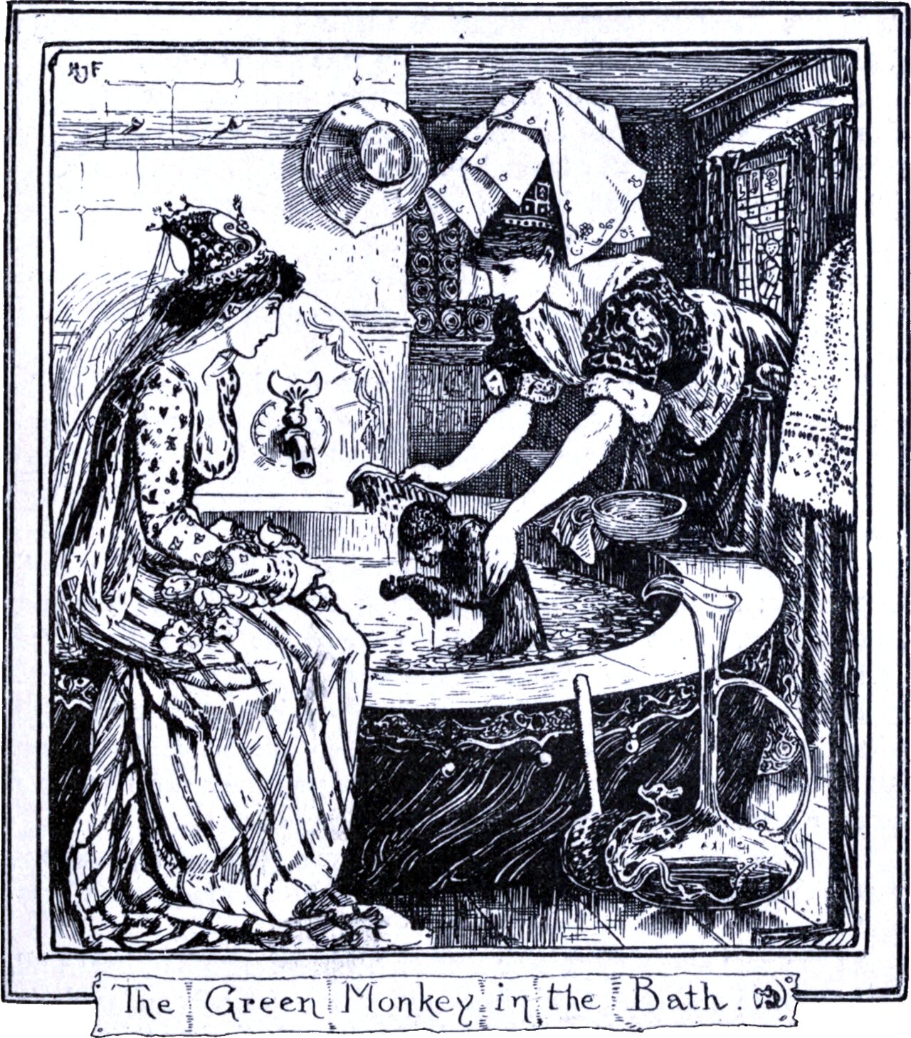 A tiled chamber with a wall fountain. A maid in a winged linen cap bends over a low round bath, lifting a small dark long-tailed monkey out of the water with both hands. At the left a crowned woman in a veil and patterned gown sits watching, her hands in her lap. A ladle and a covered jug stand on the floor. The panel below reads The Green Monkey in the Bath.