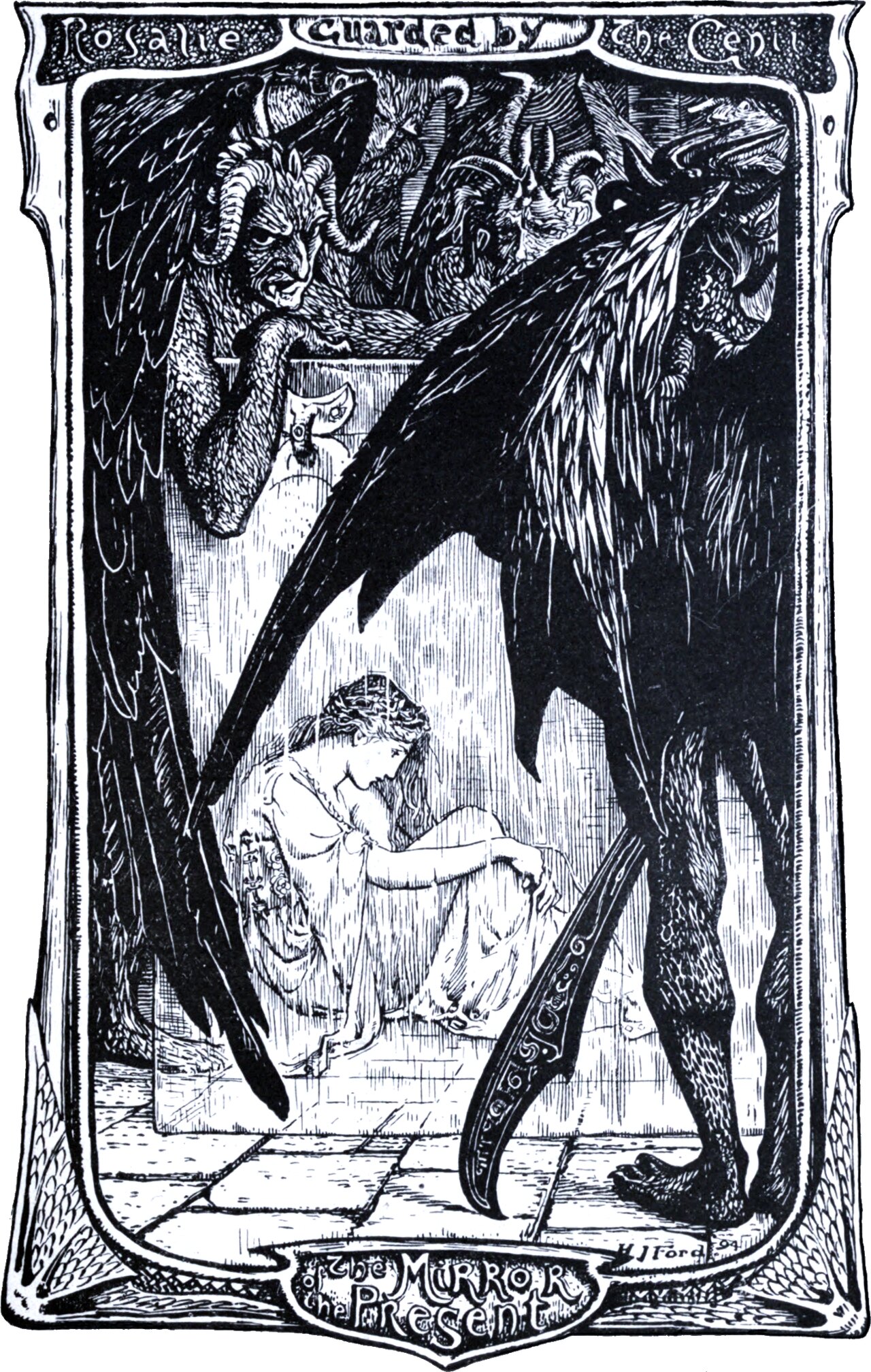 A young woman sits on a paved floor with her knees drawn up and her head bowed. Around and above her loom several winged demons with horns and clawed feet, one vast black wing filling the right half of the frame, another creature leaning over a parapet at the top holding a small mirror. The banners read Rosalie Guarded by the Genii and of the Mirror the Present.