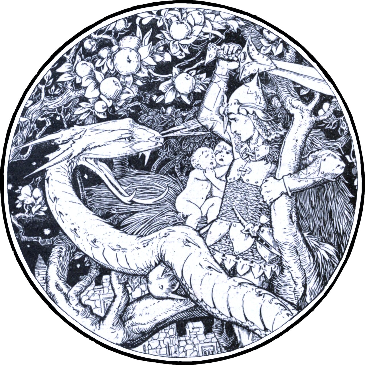 A circular vignette. An armoured figure with a helmet and a plumed crest raises a sword in one fist against an enormous serpent that rears from the left with its jaws open. Two naked infants cling to the figure's side. Apple boughs in fruit fill the top of the circle and a small walled town lies below.