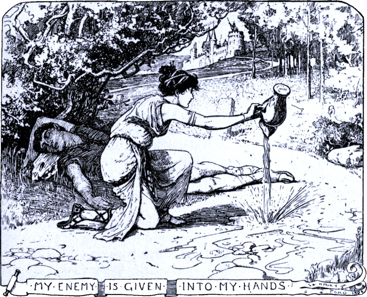 Under a tree at the edge of a wood a man lies asleep on his back. A young woman kneels over him, one hand on his chest, holding up a stoppered jug in the other; a knife stands upright in the ground beside them. A castle sits on a wooded hill in the distance. A ribbon below reads MY ENEMY IS GIVEN INTO MY HANDS.
