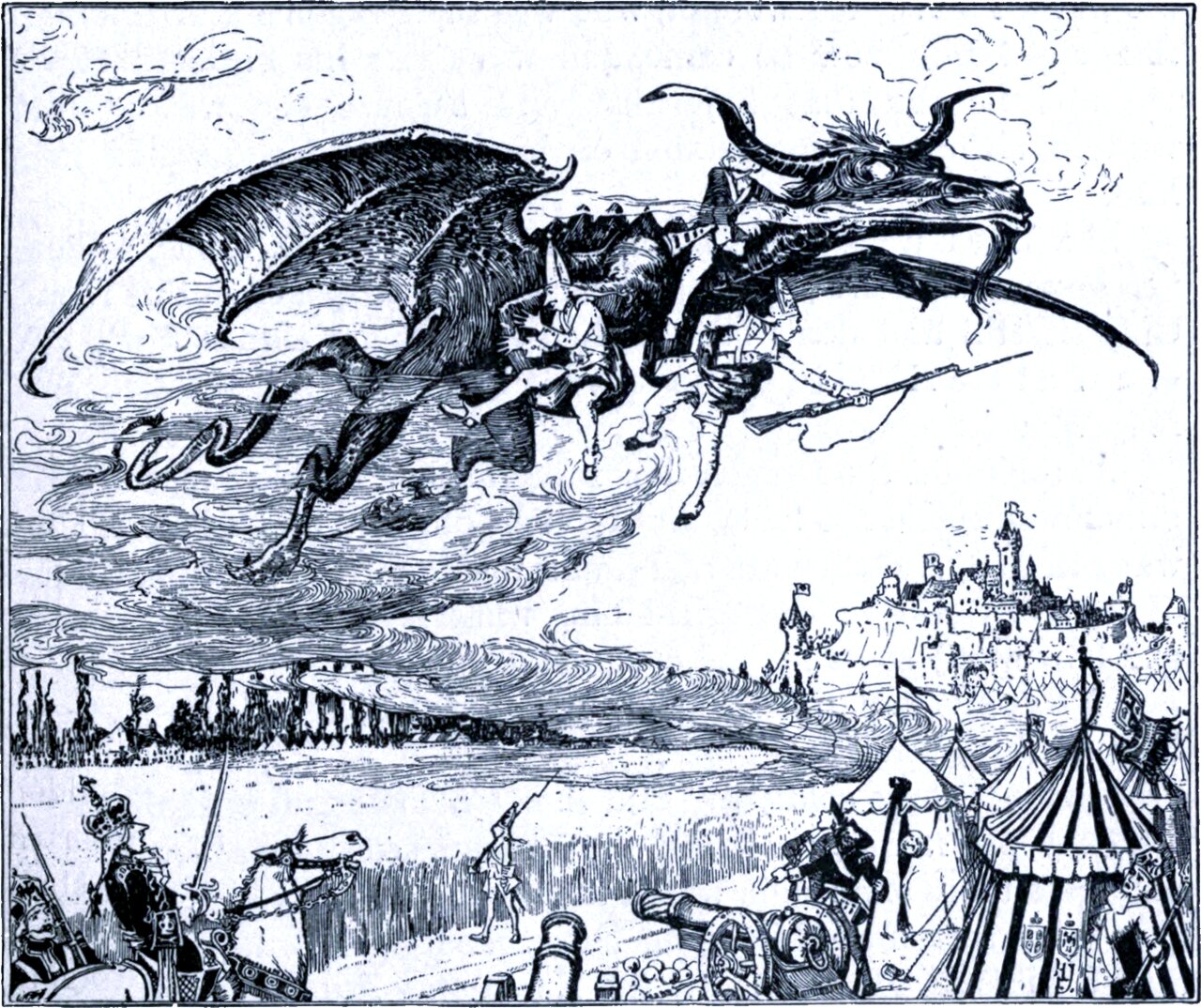A winged, horned dragon flies low across the sky trailing smoke, carrying three uniformed soldiers on its back and neck, one still gripping a musket. Below, an army camp with bell tents, a cannon and mounted officers spreads before a walled hilltop town, and figures on the ground point upward.
