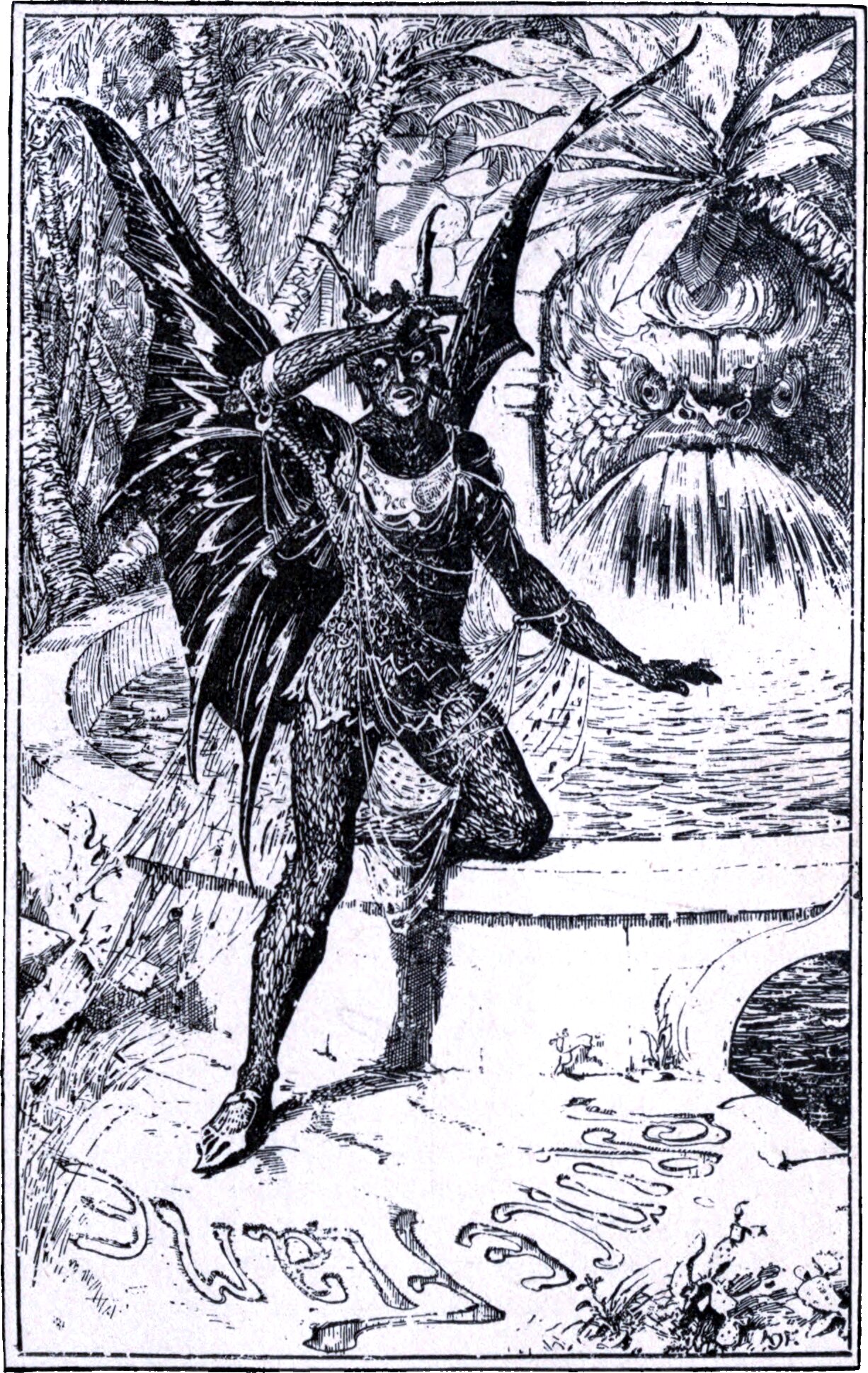 A winged figure in scaled armour and a horned crown strides along a shore, one arm flung out, its ragged bat wings spread behind. From the water at the right an enormous scaled face rises, glaring, with water streaming from its jaw. Palms lean over the bank behind, and a word is traced in the wet sand in the foreground.