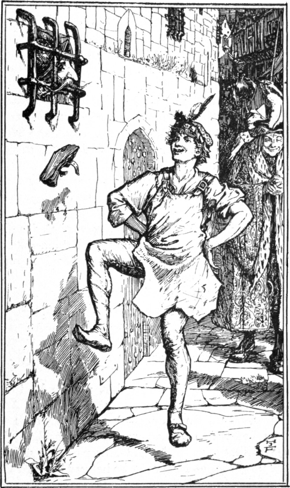 A young man in a feathered cap and a plain smock strides down a paved street with his hands on his hips, grinning up over his shoulder. A boot flies through the air behind him, thrown from a barred window at the upper left where a face looks out. Two figures in tall hats watch from a doorway at the right.