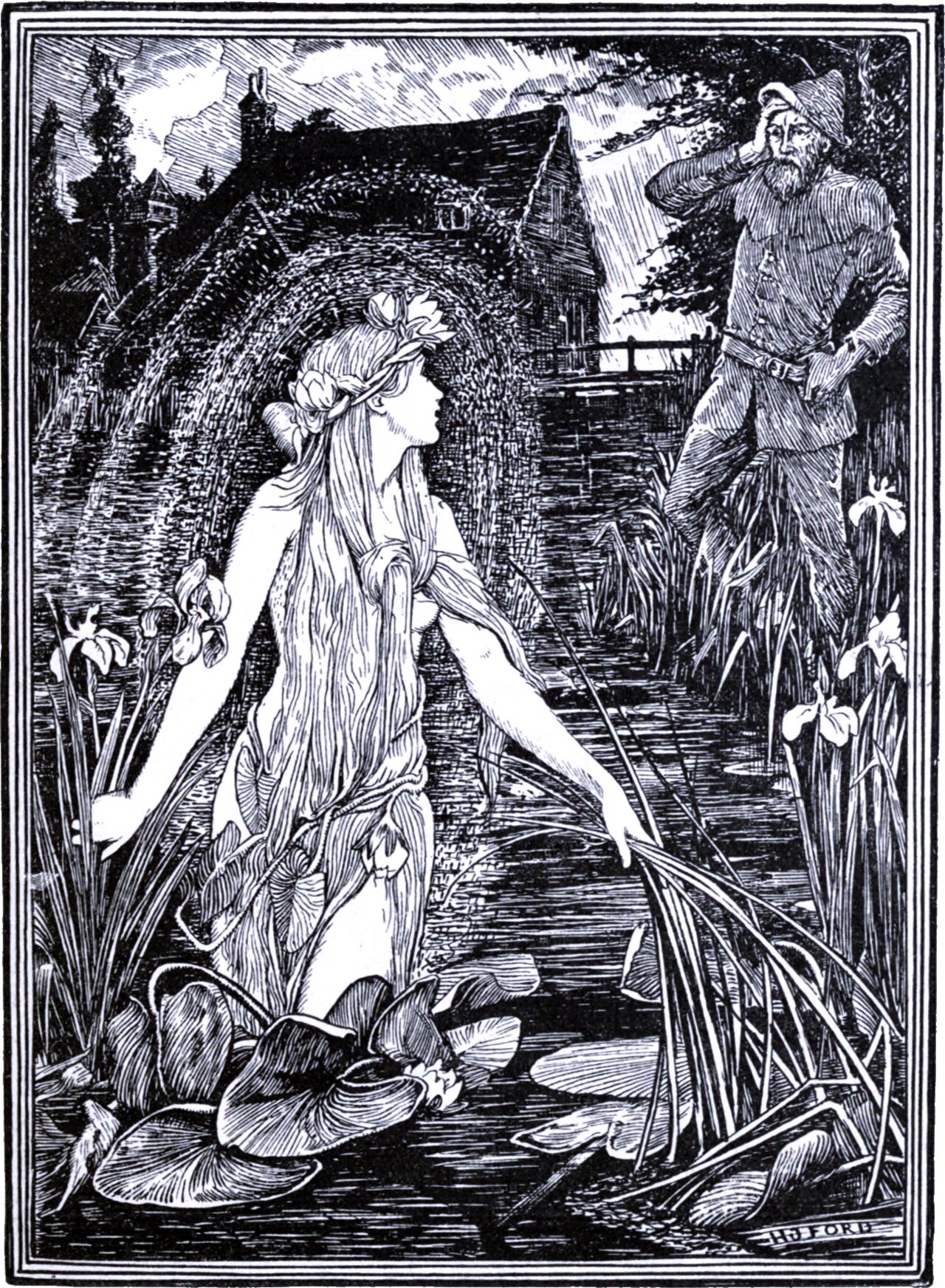 A millpond fringed with irises and water lilies. A woman with long loose hair and a crown of water lilies stands waist deep in the water, an iris in one hand, turning her head. On the bank at the right an old man in a smock and pointed cap stands with his hand to his head, staring at her. A mill and its arched race rise behind.