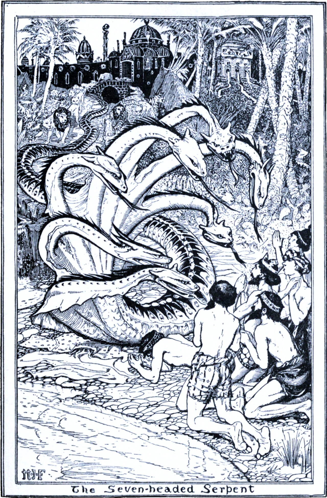 An enormous serpent with seven long necks and heads coils across a stony riverbank, its scaled body looping back on itself. At the right several bare-shouldered figures kneel and raise their hands towards it. Behind, a domed and pillared city stands among palms on a hillside, with lions on the slope below it. A ribbon under the frame reads The Seven-headed Serpent.