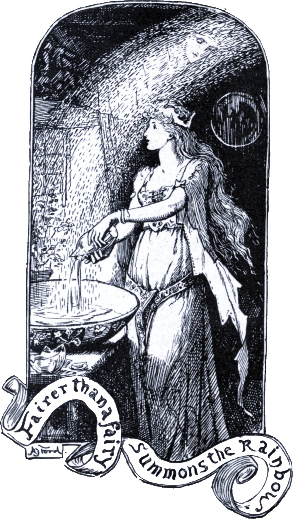 A young woman with long loose hair and a coronet stands beside a wide basin, tipping a small phial into it with one hand; a broad shaft of light falls across her from the upper left and a dark disc hangs at the upper right. Broken pieces lie on the floor beside the basin. Two ribbons below read Fairer than a fairy and Summons the Rainbow.