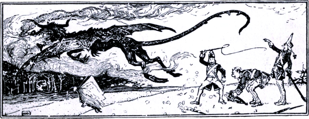 A wide, low panel. At left a winged dragon plunges down in flame and smoke, its long tail whipping up behind it. At right three soldiers in tall caps watch: one flings his cap in the air, one bends double, and one stands pointing at the falling dragon.