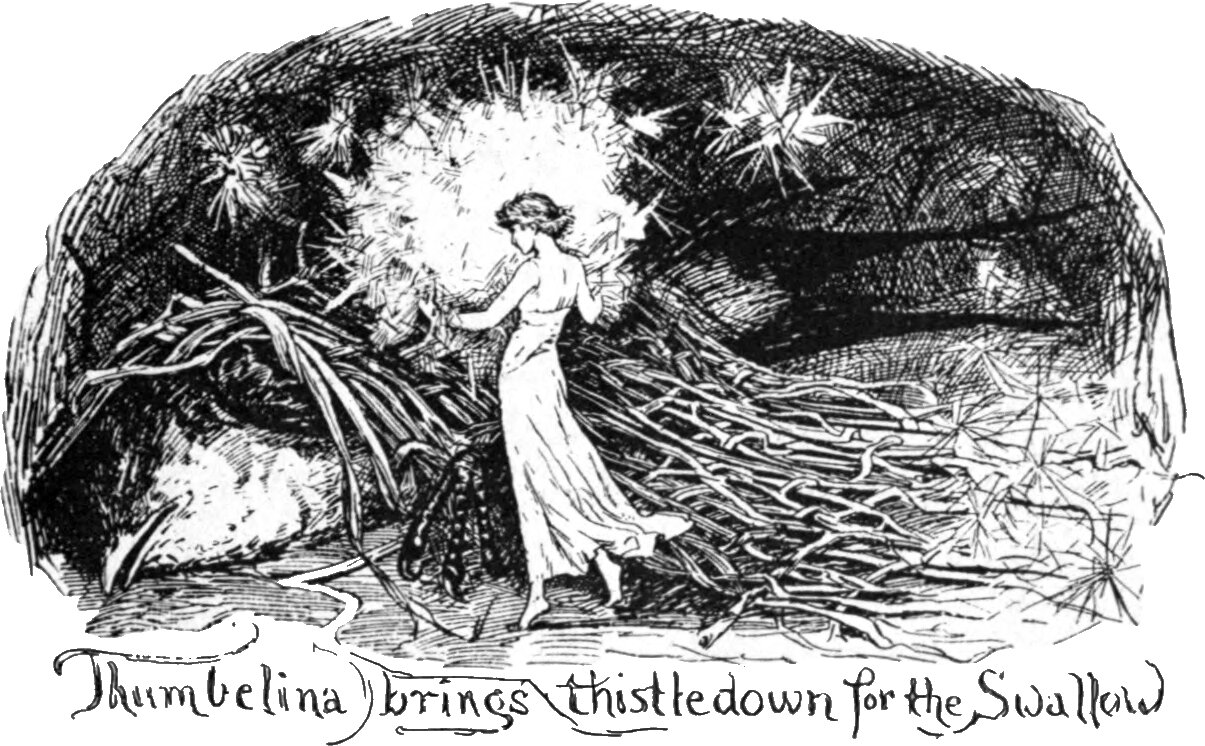 Inside a dark burrow. A tiny woman in a long shift walks across a bed of woven twigs carrying a great blaze of thistledown almost as large as herself, her face hidden behind it. A dark bird lies in the litter at the left. The line below reads Thumbelina brings thistledown for the Swallow.